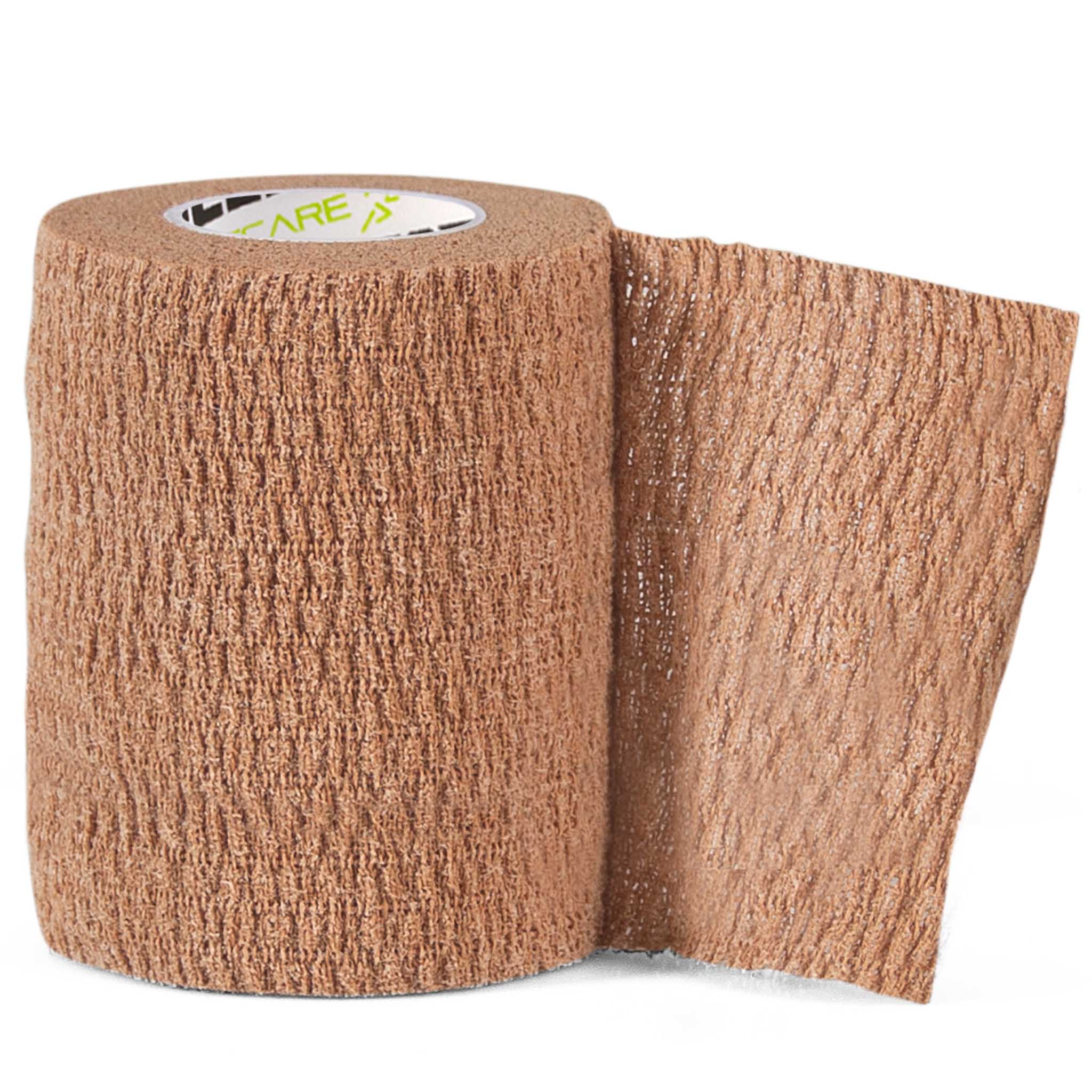 Front page of beige Stretch Bandage, sports care product, shown as a self-adhesive roll.