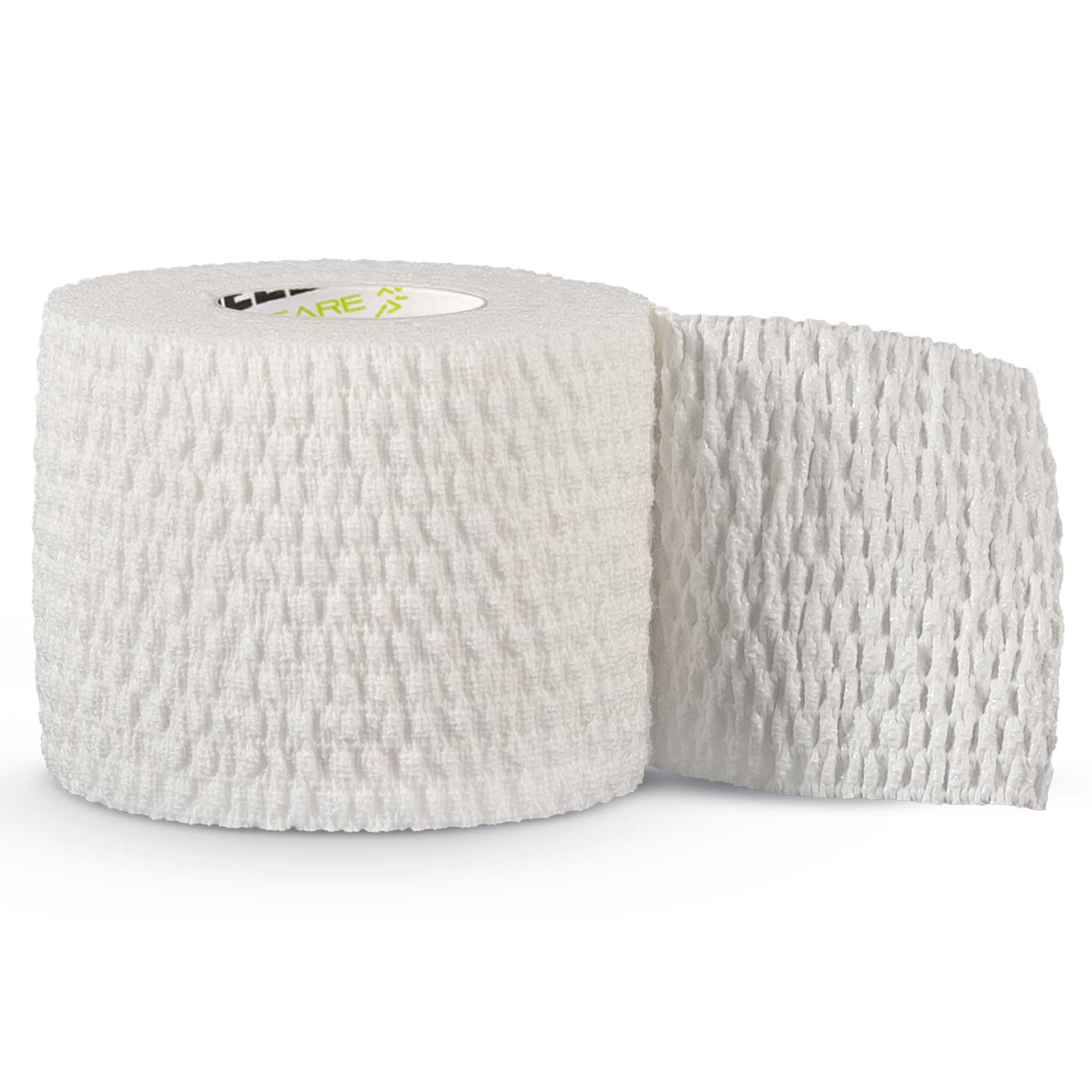 Front page of white Stretch Tape, sports care product, shown as a partially unrolled elastic bandage roll.