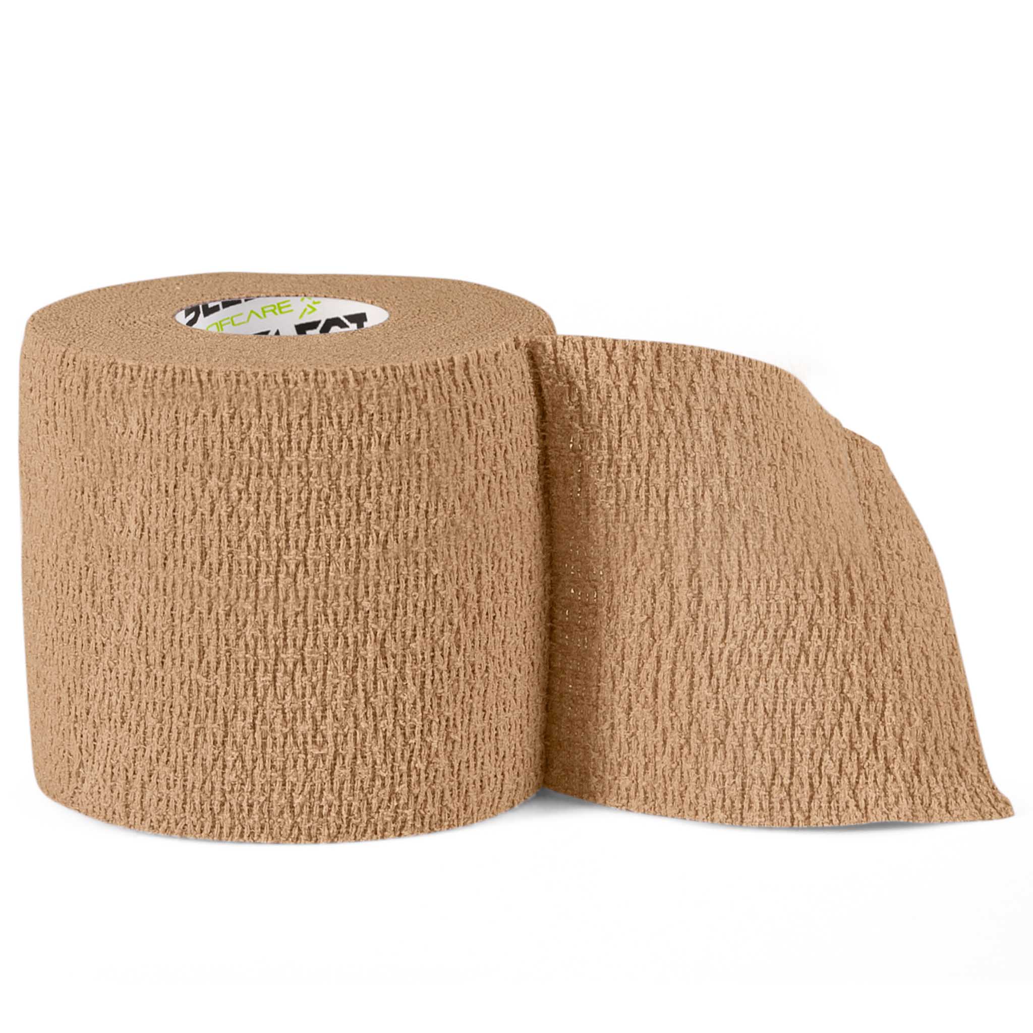Front page of beige Stretch Extra Bandage, sports care, roll partly unrolled showing elastic texture