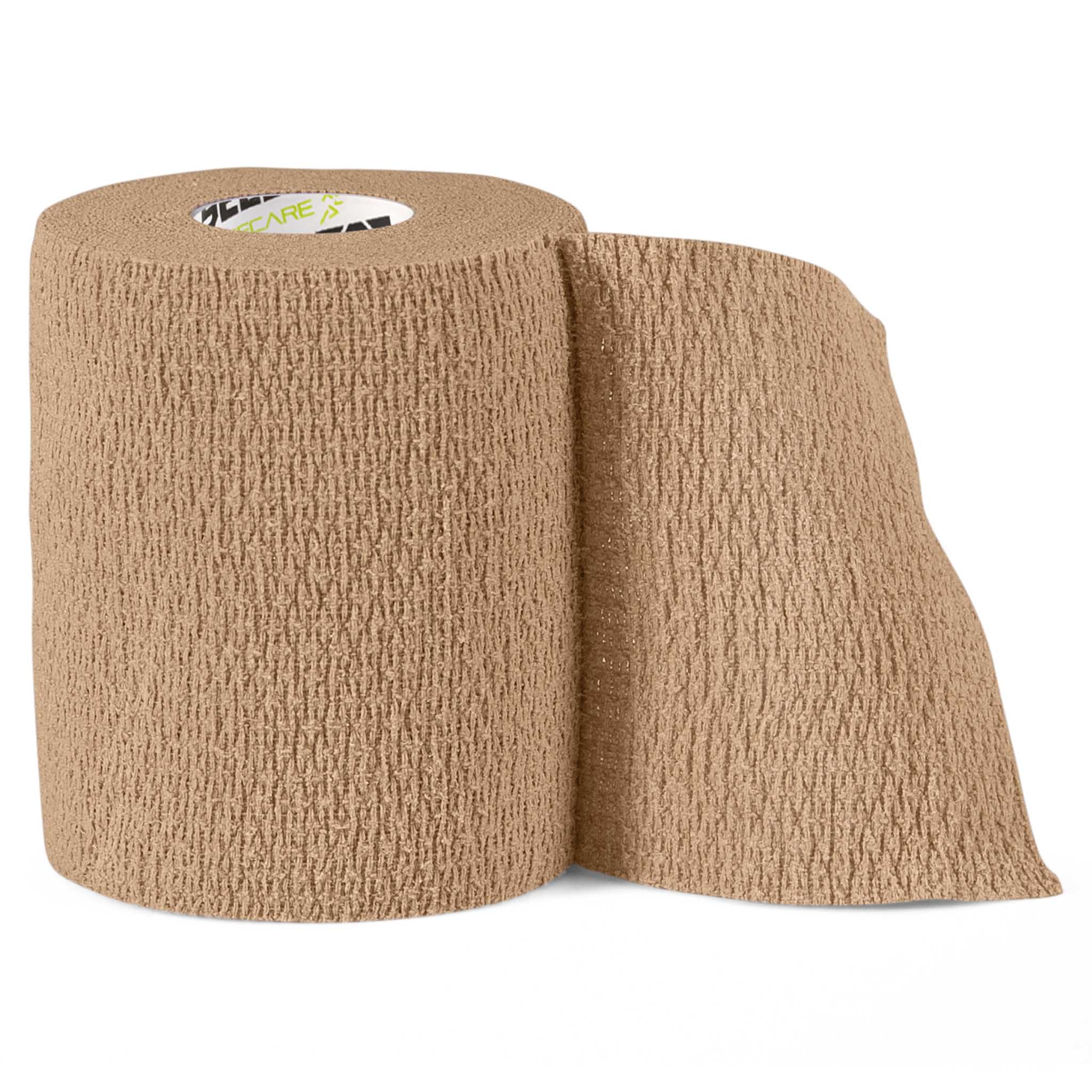 Front page of beige Stretch Extra Bandage, sports care, elastic roll partly unrolled.