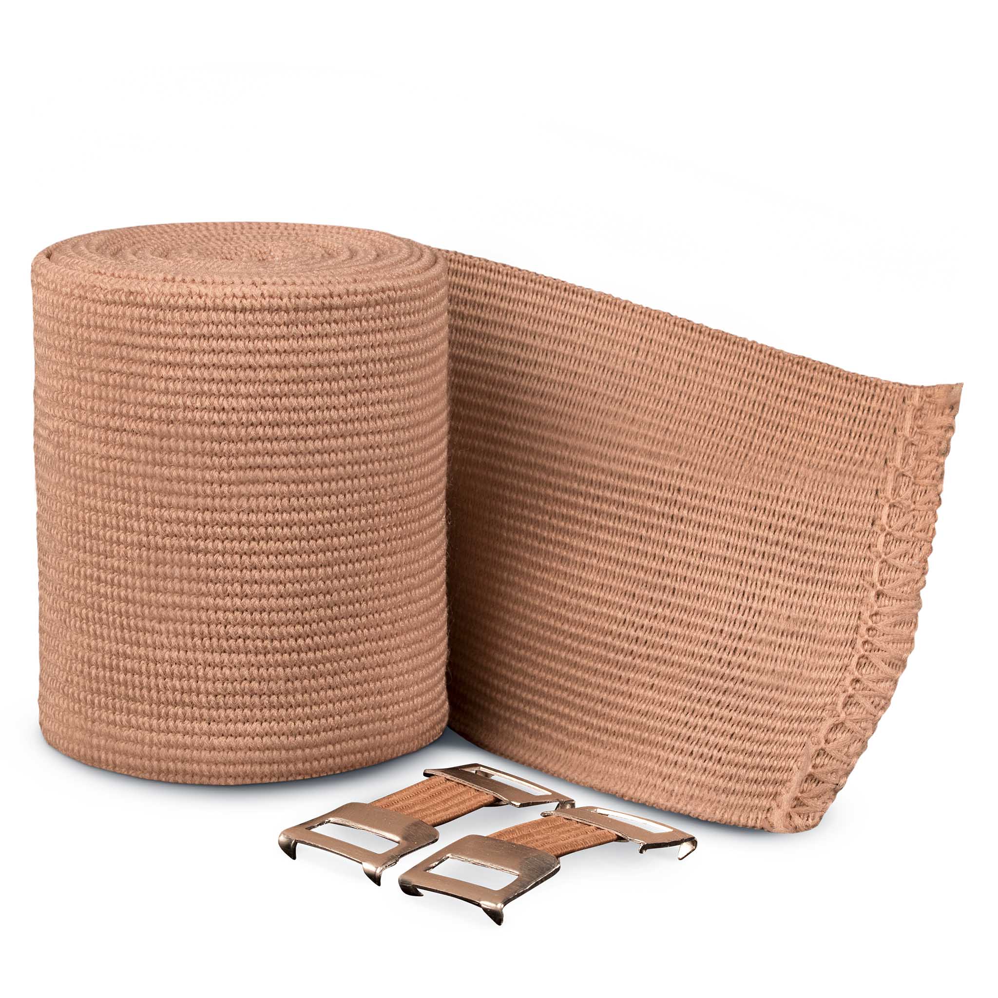Front page: beige Elastic bandage with metal clips, Sports care product
