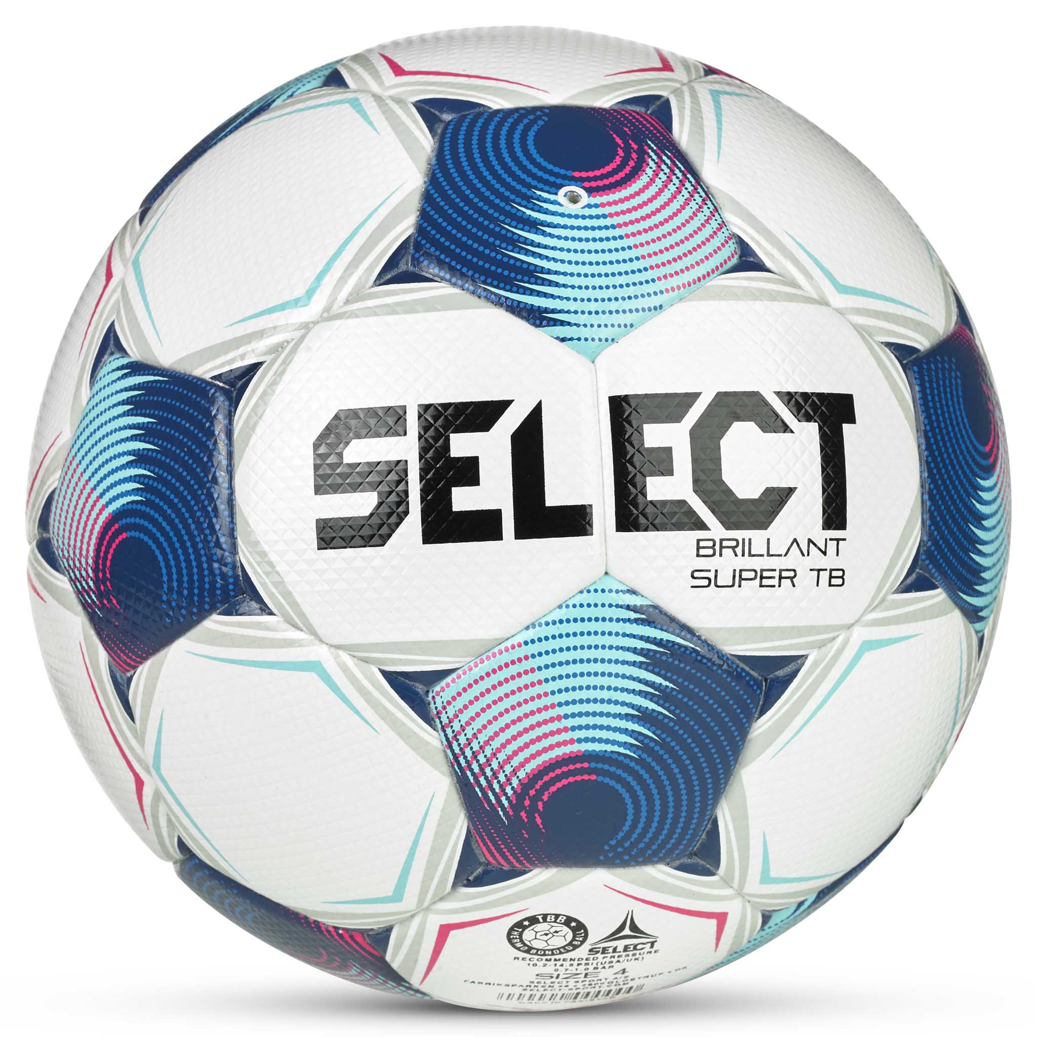 Brillant Super TB v25 football, back page, in white with blue, pink and black accents