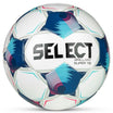 Front page of Brillant Super TB v25 football in white with blue, pink and teal accents.