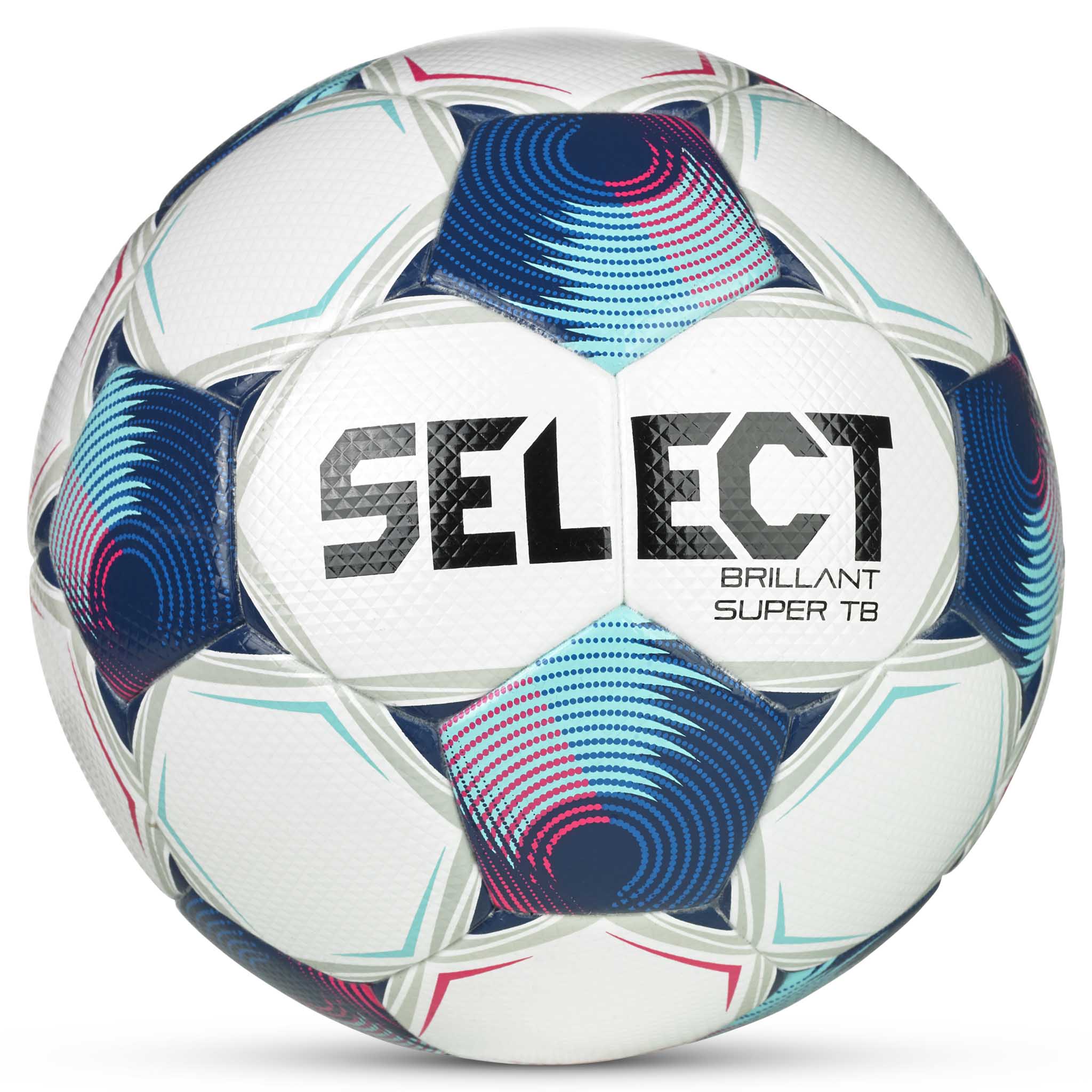 Front page of Brillant Super TB v25 football in white with blue, pink and teal accents.
