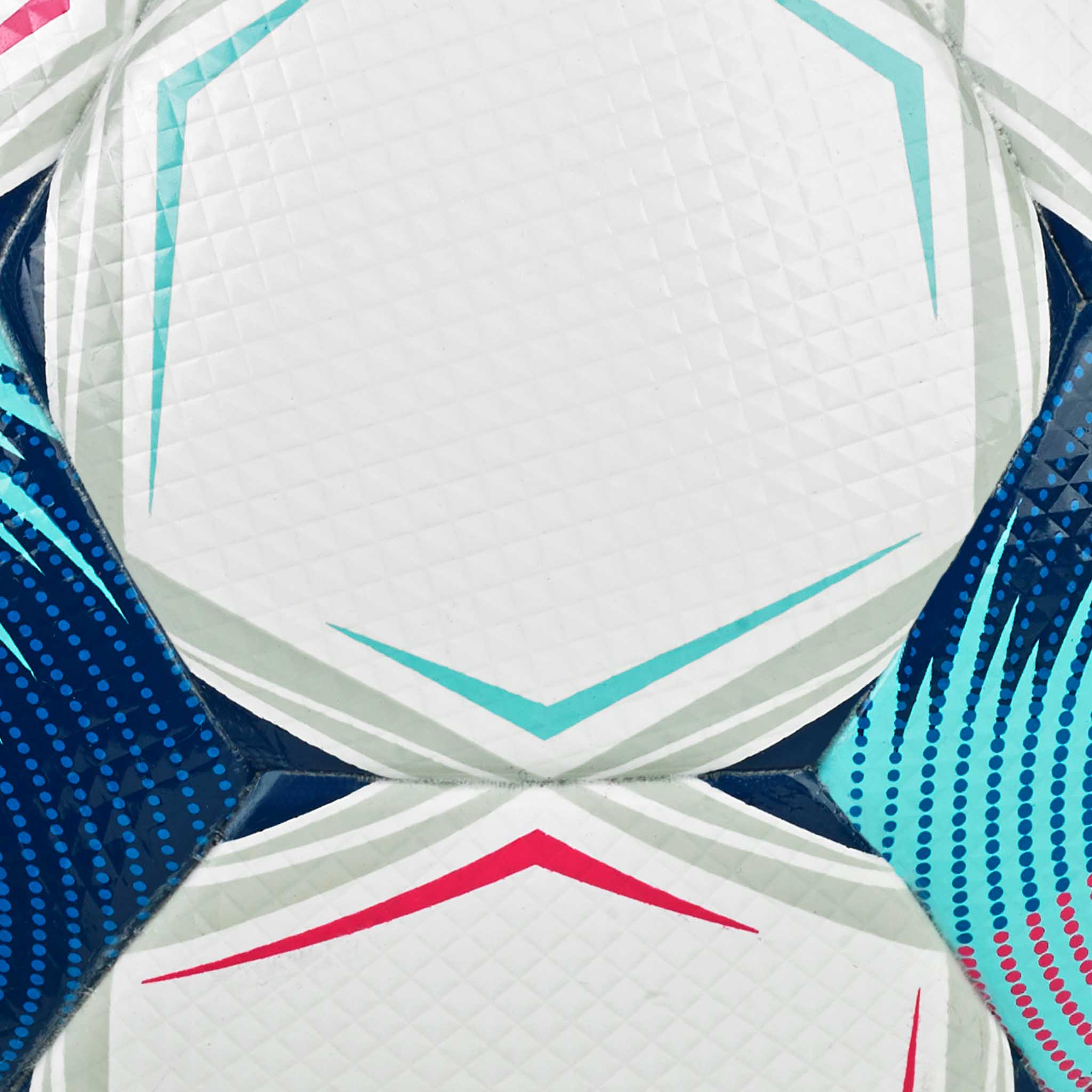 Closeup of Brillant Super TB v25 football, white panels with blue, pink and teal accents.