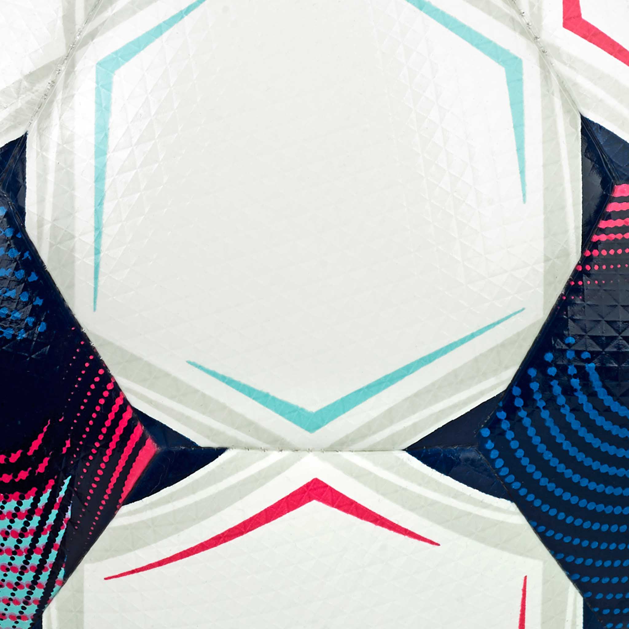 Closeup of FB Brillant Training DB v25 football, white with blue, teal and pink textured panels.
