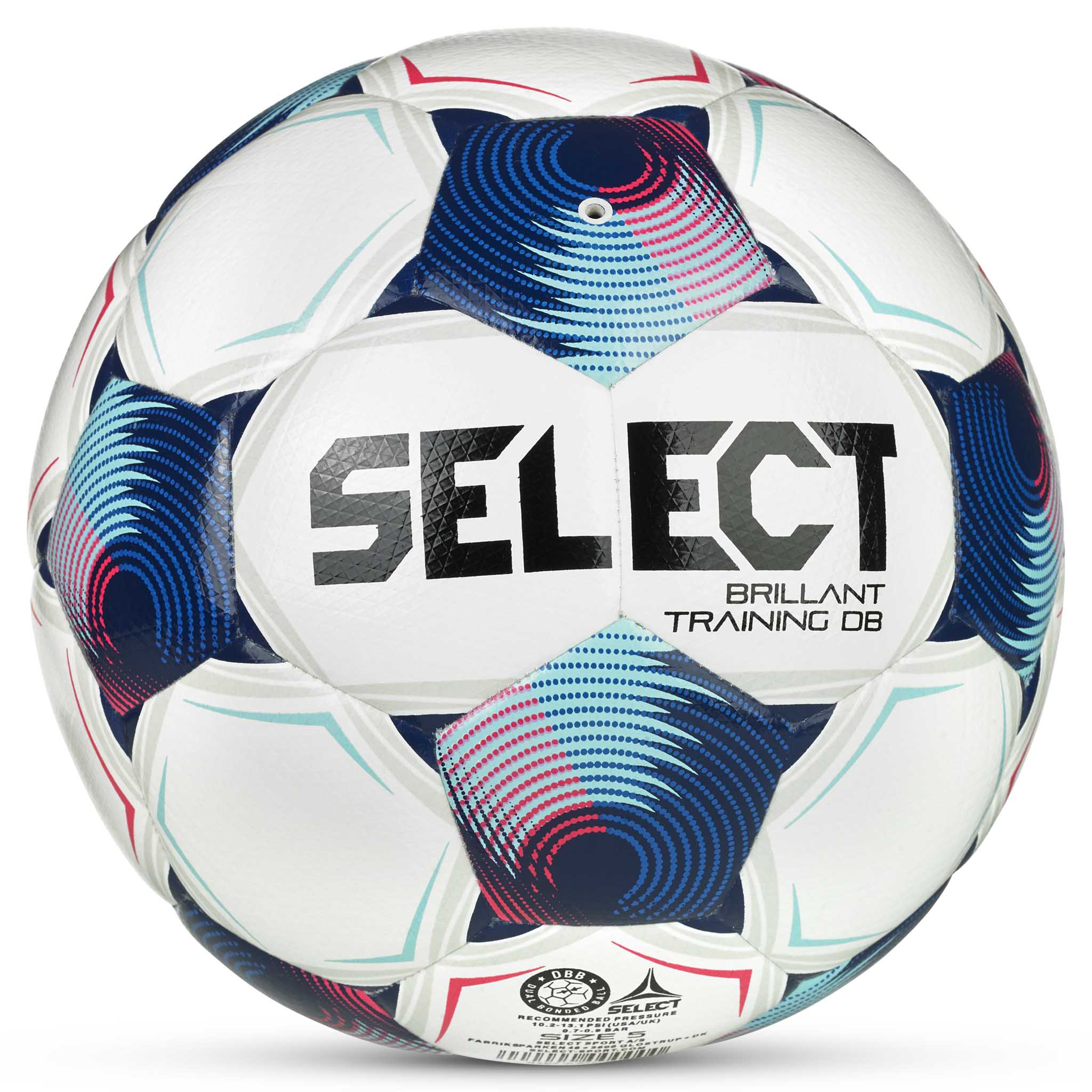 FB Brillant Training DB v25 football, back page, white with blue, red and teal accents