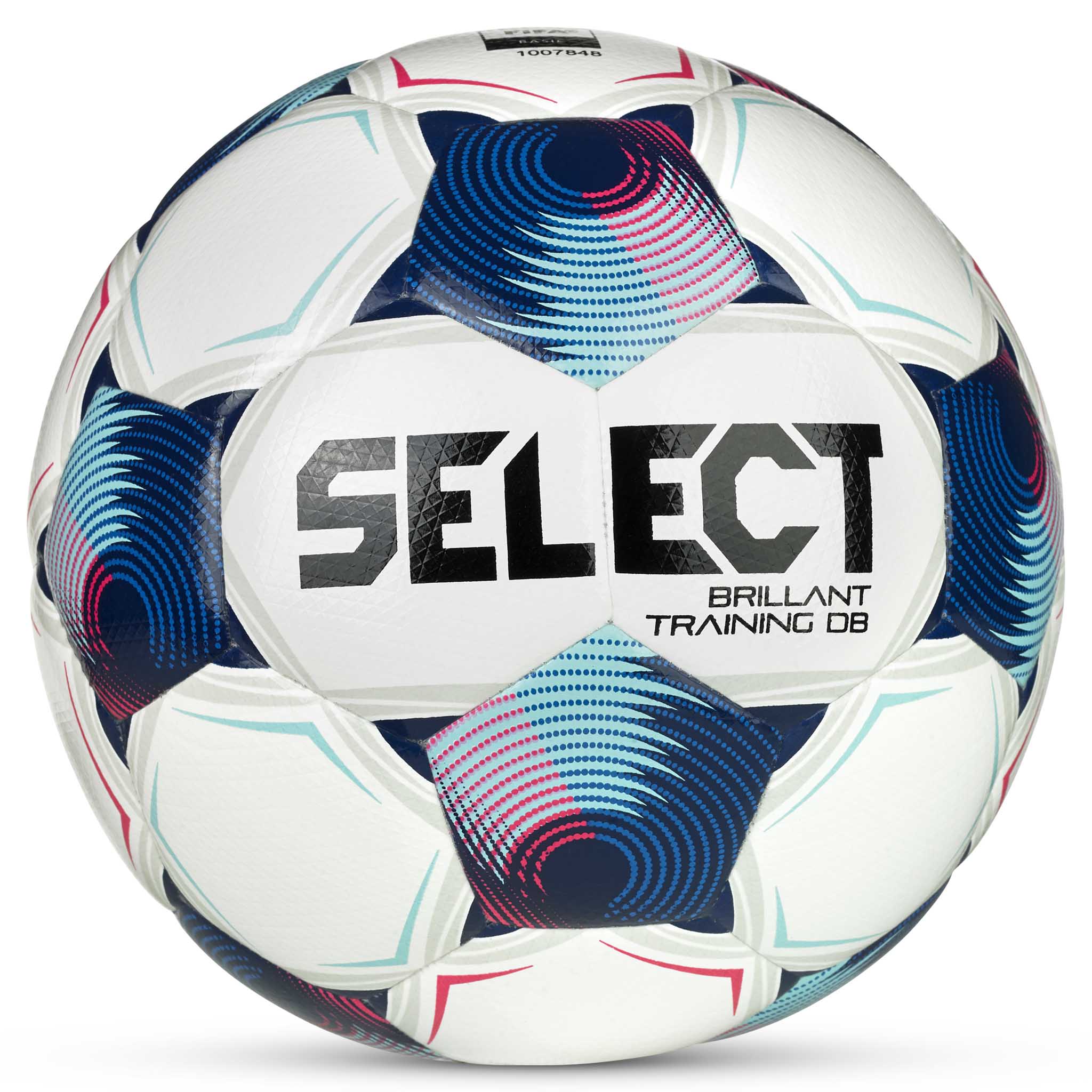 Front view of FB Brillant Training DB v25 football in white with blue, pink and turquoise details.