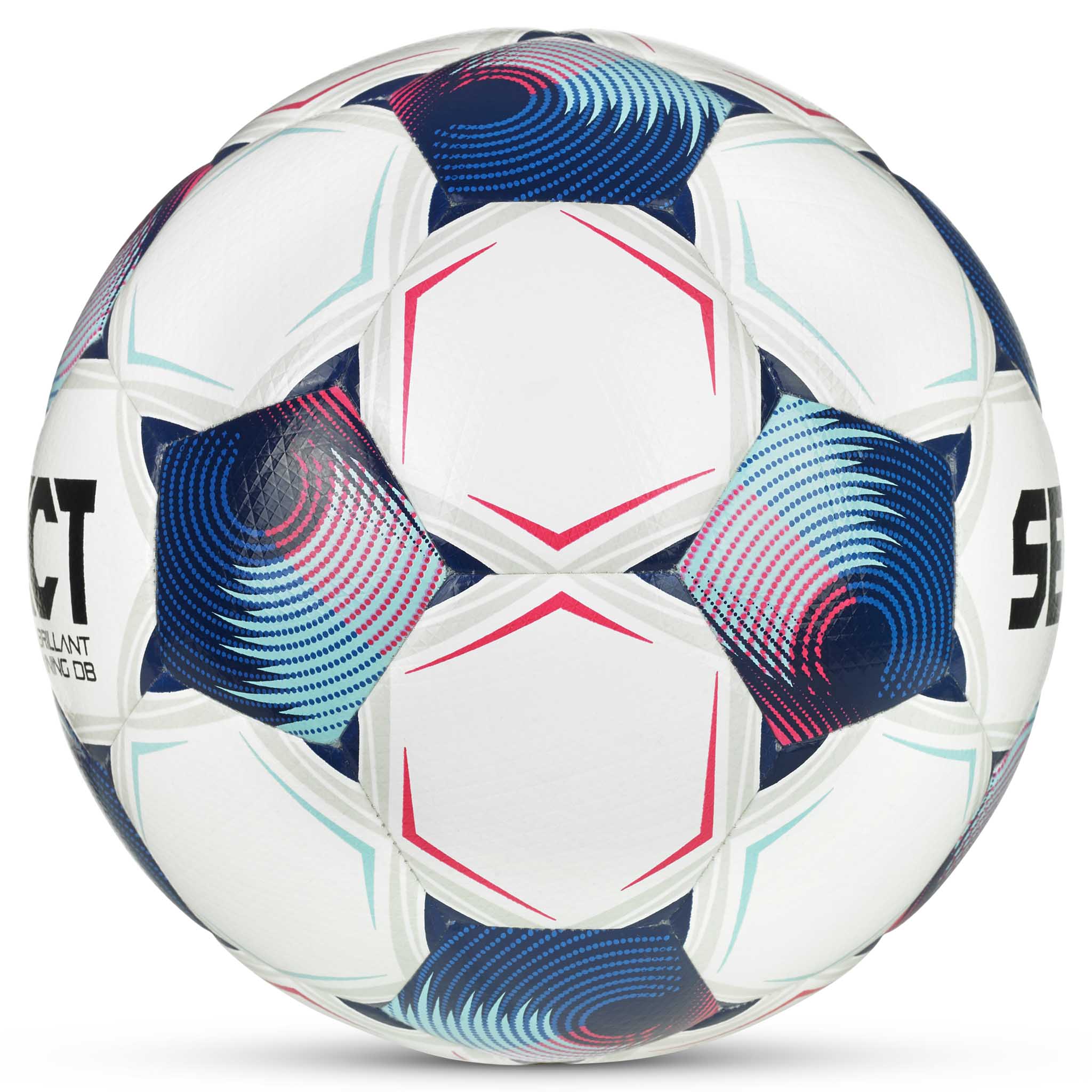 FB Brillant Training DB v25 football, white with blue, pink and teal panels, right-side view