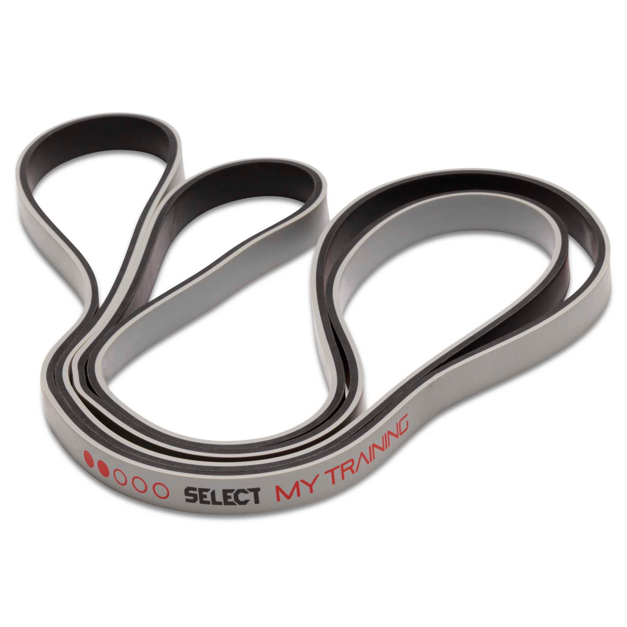 Grey Select Trainingband 2 resistance band with black edges, red text, closeup product view
