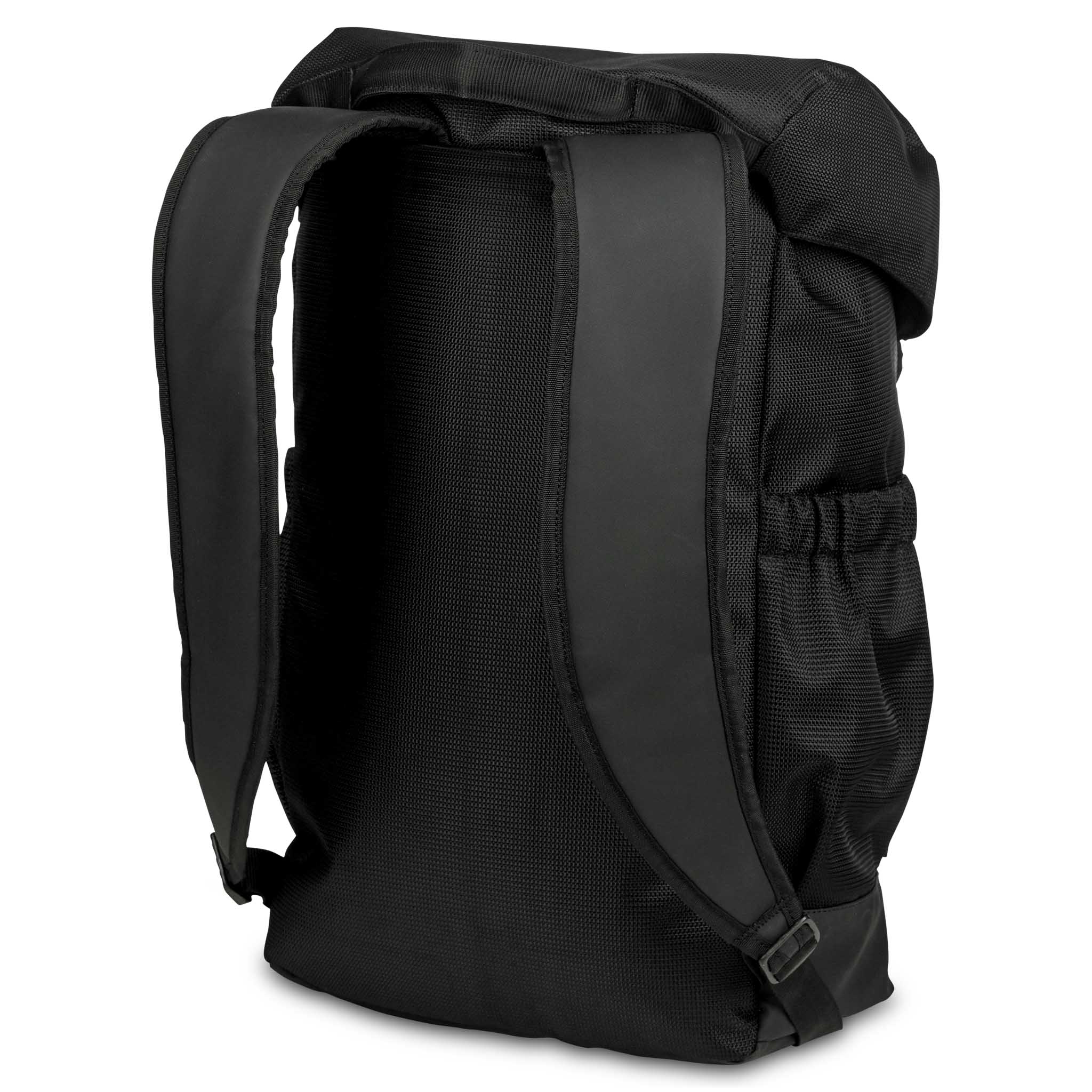 Black Backpack v25 sports bag, back page view showing padded straps and back panel.