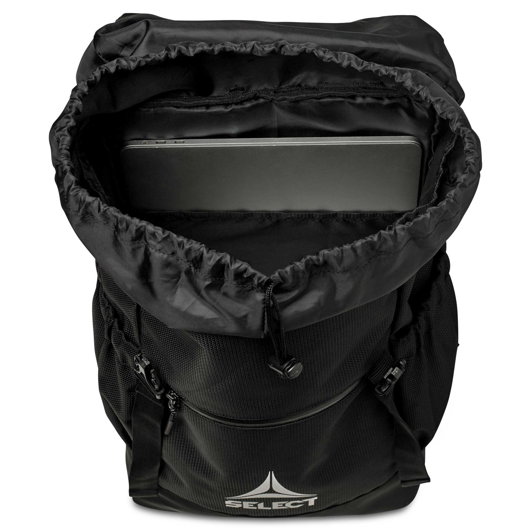 Black Backpack v25 sports bag, open top closeup showing padded laptop compartment inside.