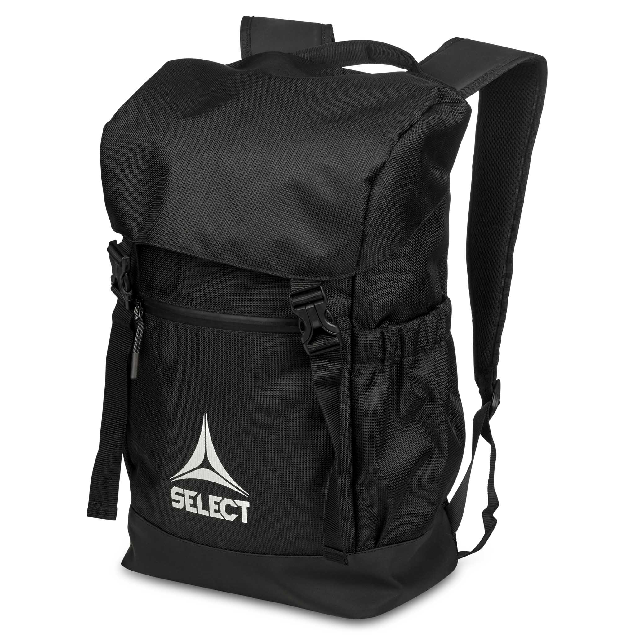 Black Backpack v25 sports bag, front page view with white Select logo and padded straps.