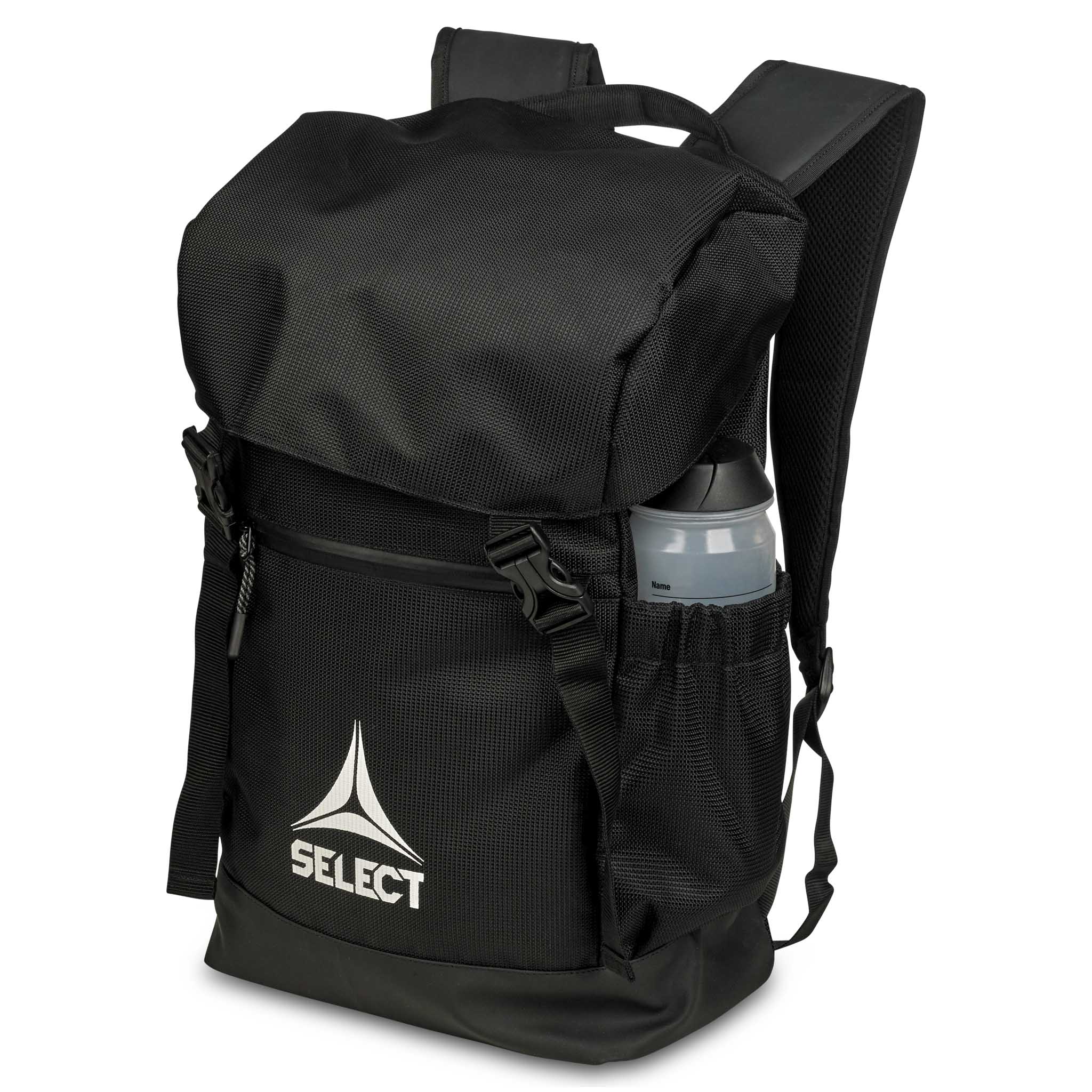 Black Backpack v25 sports bag, front page view with logo and side water bottle pocket.