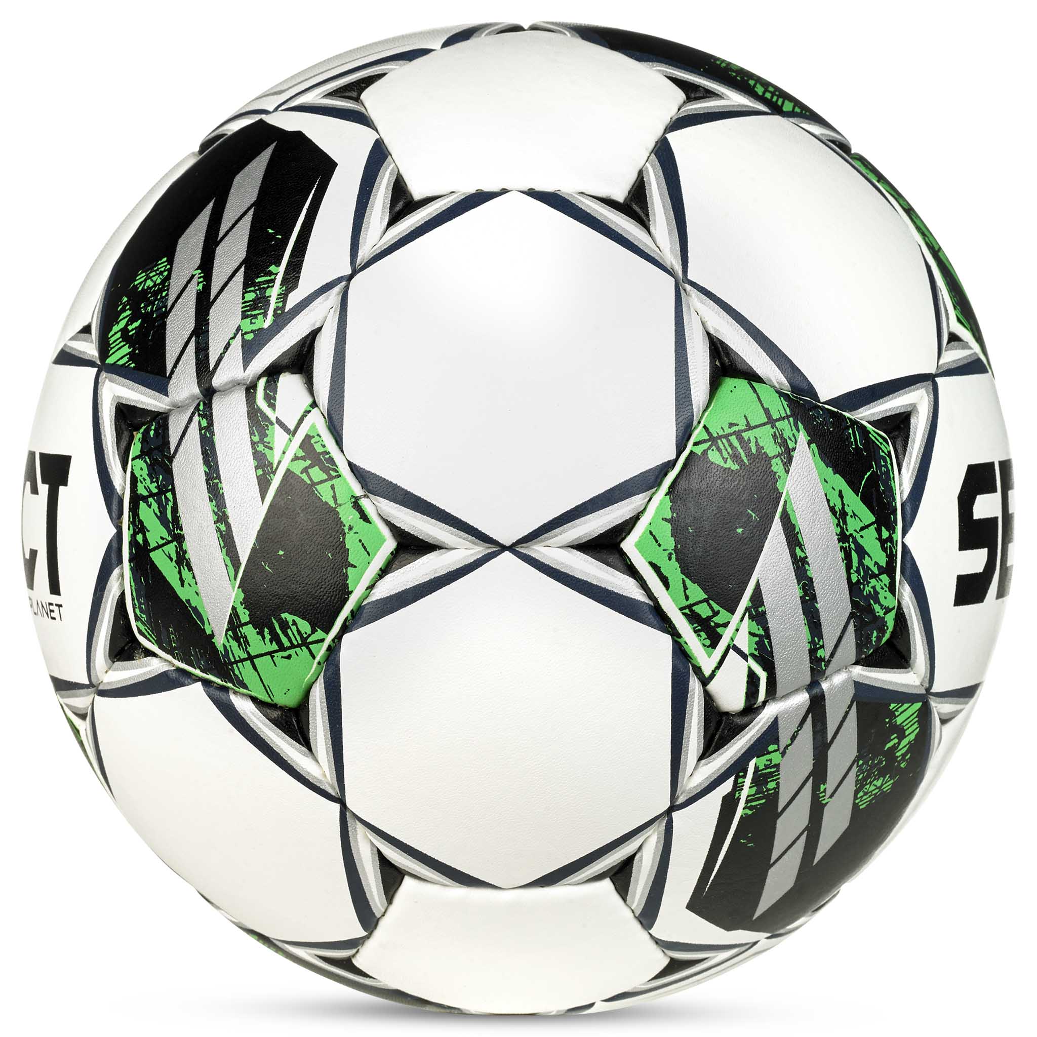 Planet v23 football, right side. White ball with black, green and grey star pattern.