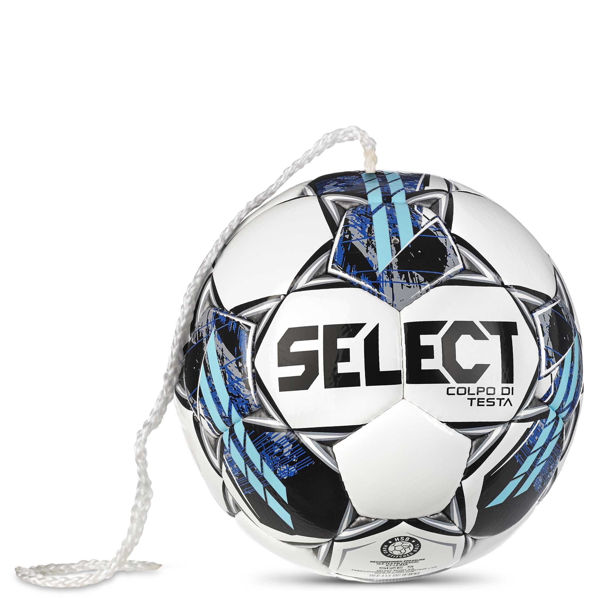 Back page of Colpo Di Testa v23 football in white, blue and black with attached cord.