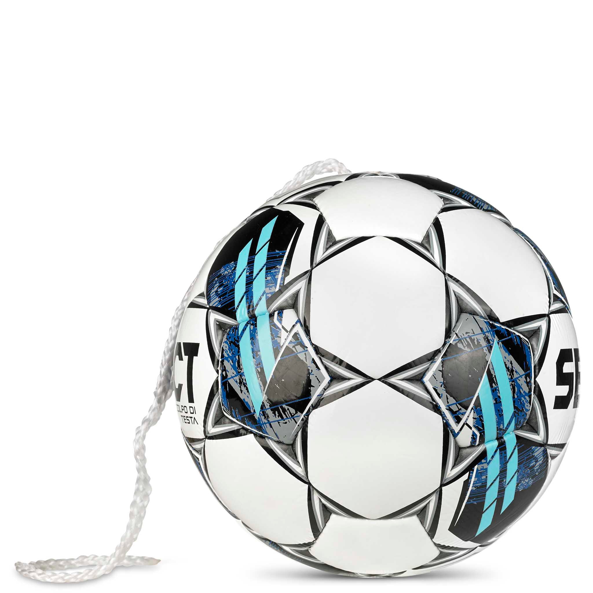 White, blue and black Colpo Di Testa v23 football with cord, right-side view.