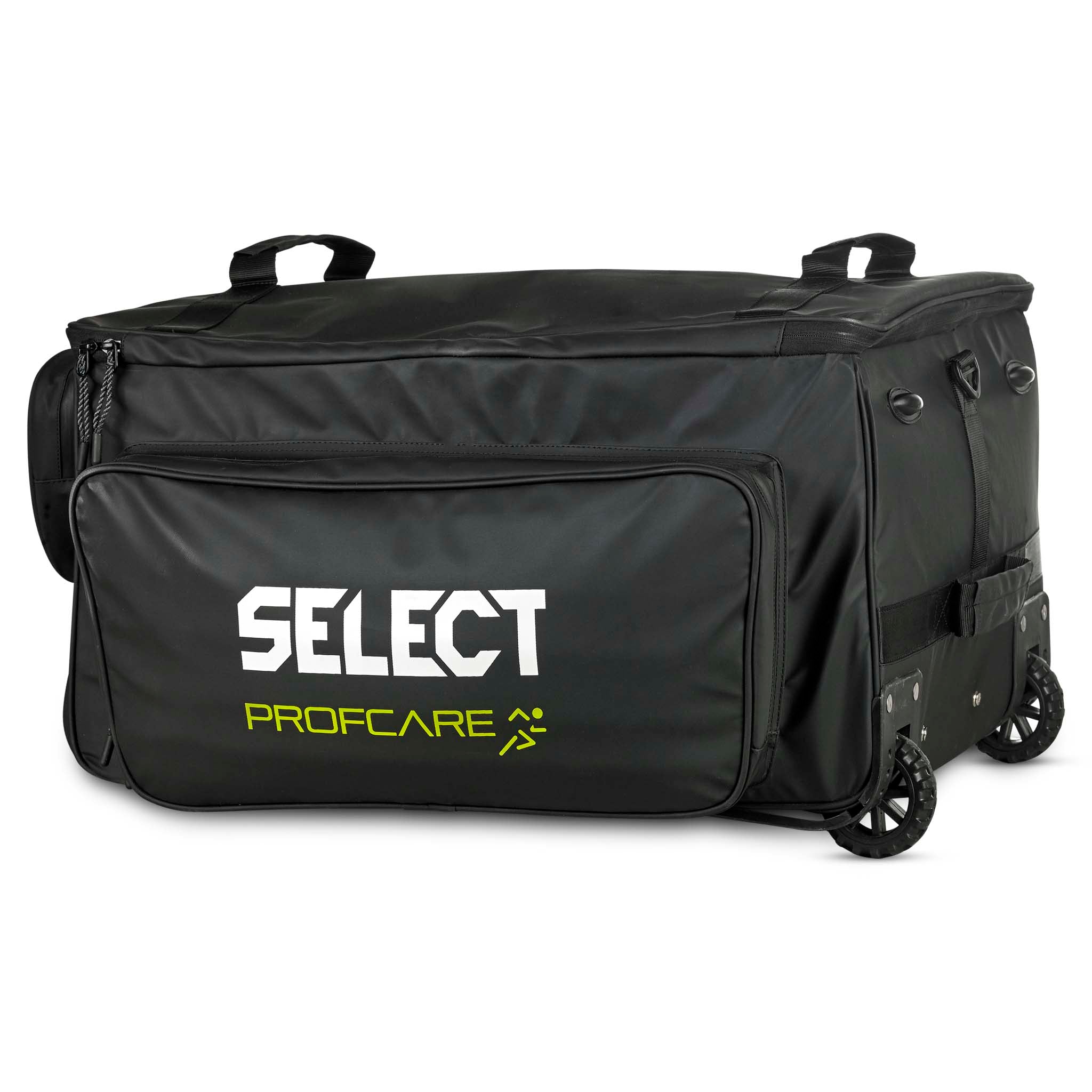Black Medicalbag trolley v25, Sports care, back page view with wheels and Select Profcare branding.