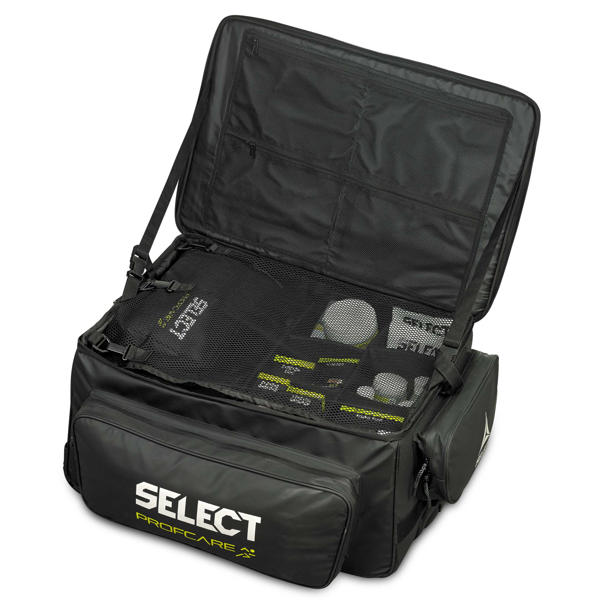 Closeup of black Medicalbag trolley v25 Sports care, open showing interior compartments with medical supplies.