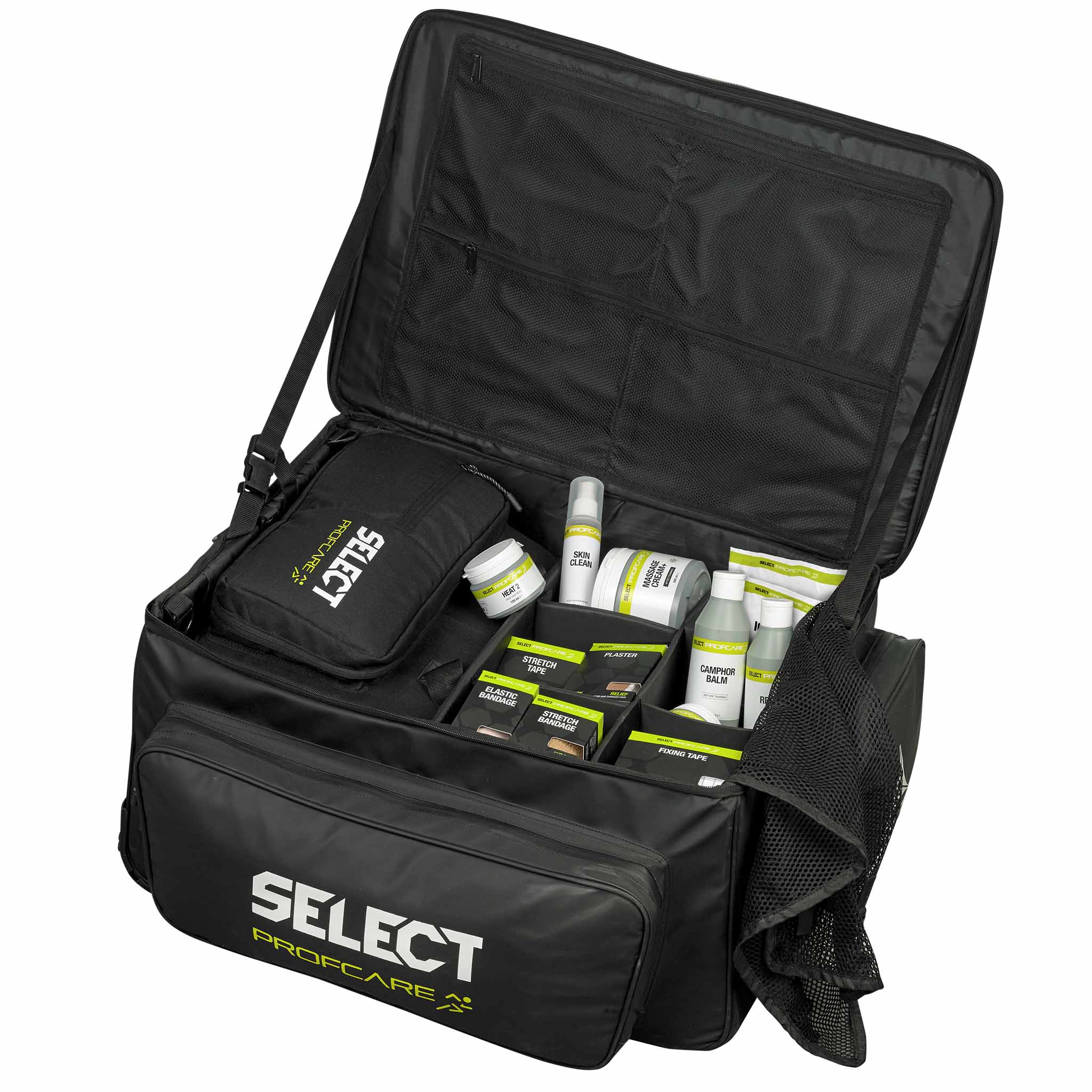 Closeup of black Medicalbag trolley v25 Sports care, open showing football medical supplies inside.