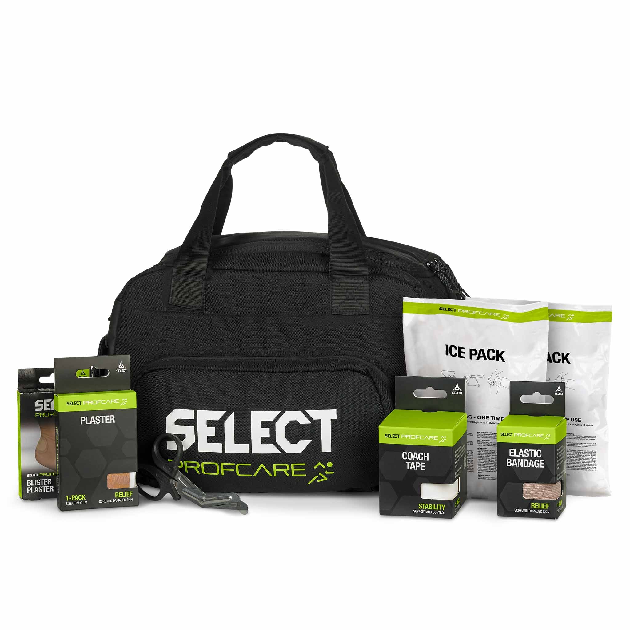 Front page: black Medicalbag medium w/content v25, Sports care, with ice pack, plaster, coach tape, elastic bandage
