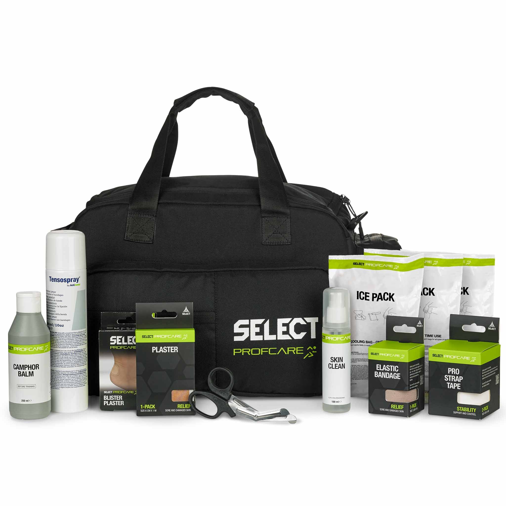 Black Medicalbag large w/content v25 front page, sports care kit with bandages, plaster, ice pack, sprays.