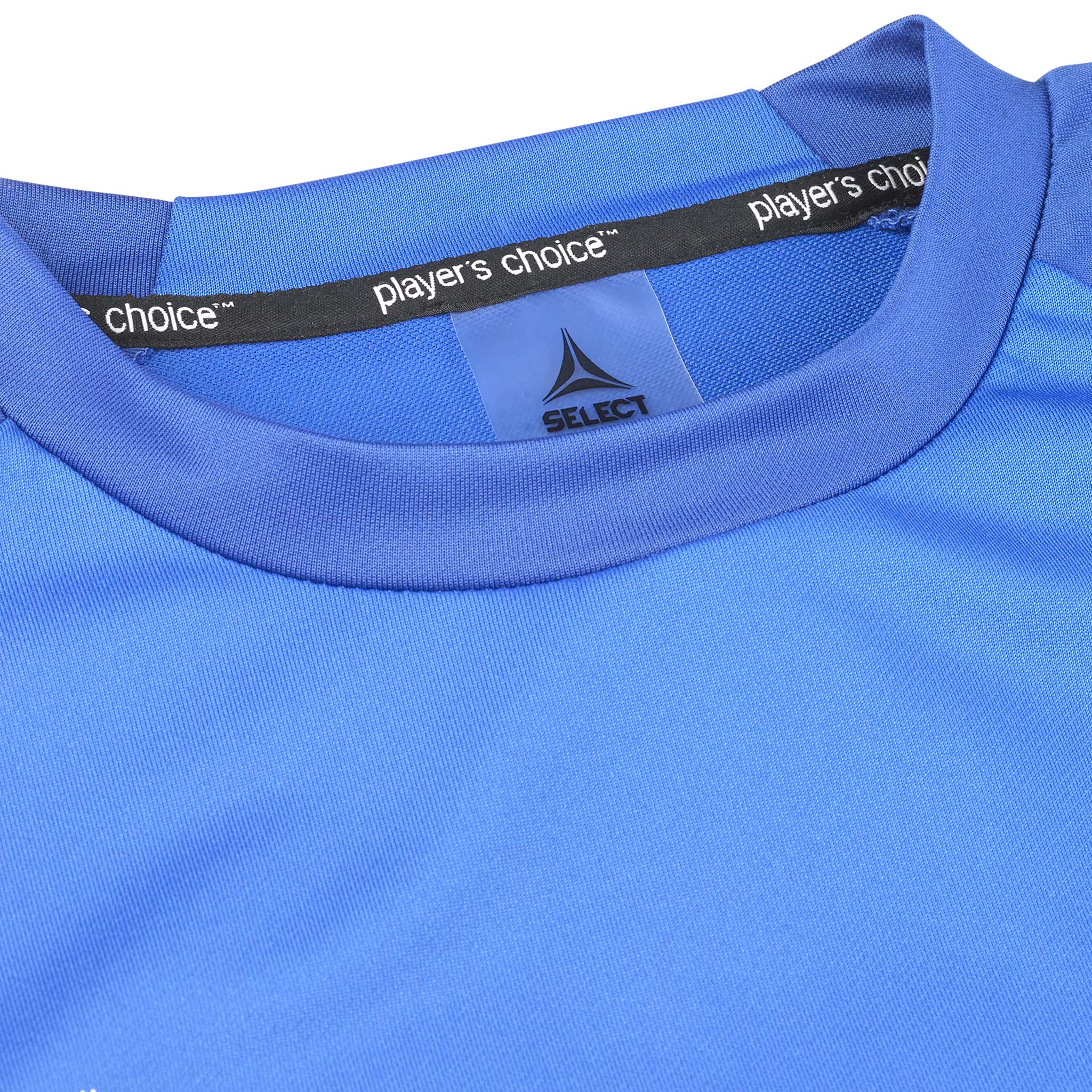 Closeup of blue Training sweat Spain v25, Match & Training wear, showing neckline with white Select logo and trim.