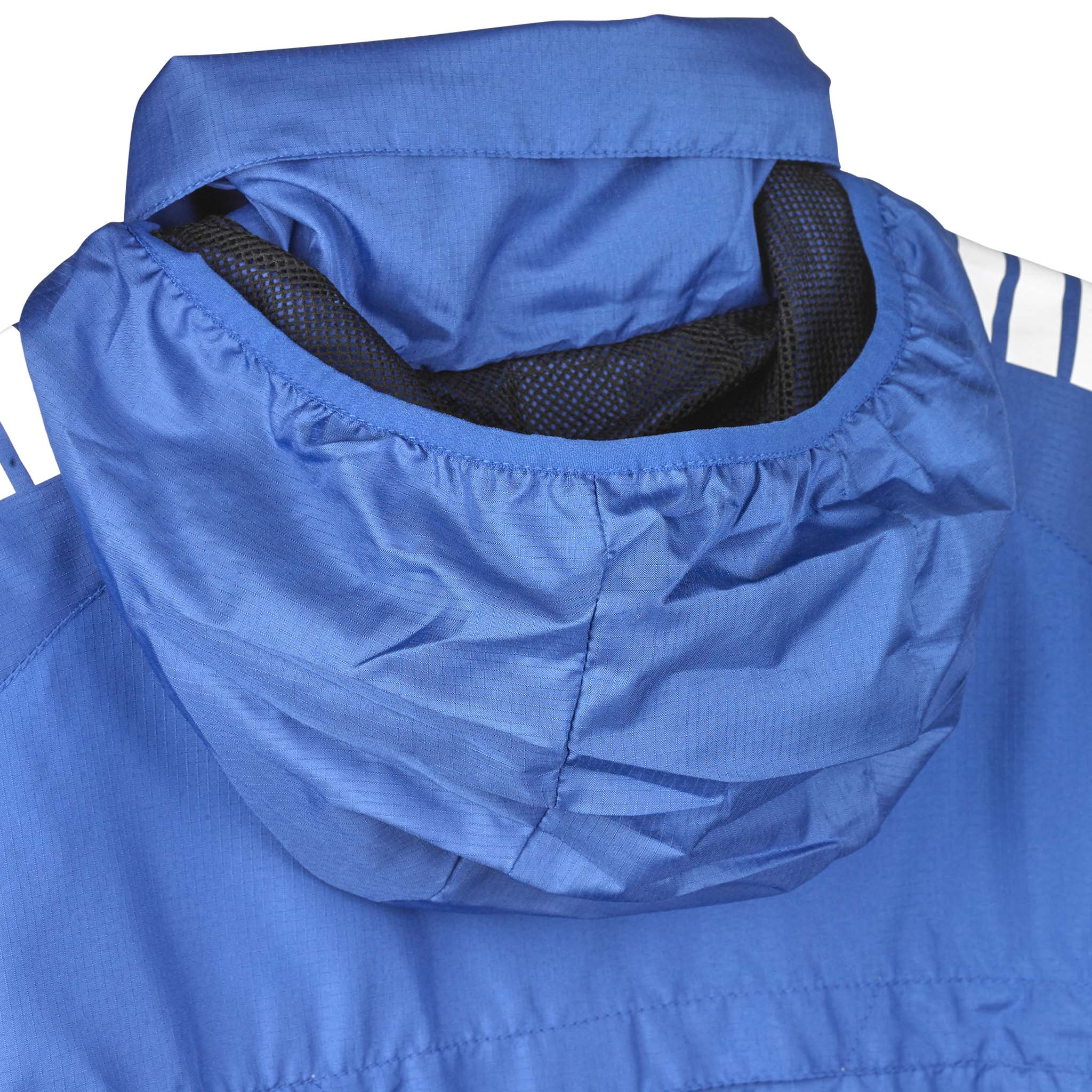 Closeup of blue Training jacket Spain v25 hood with black mesh lining, white trim. Match & Training wear