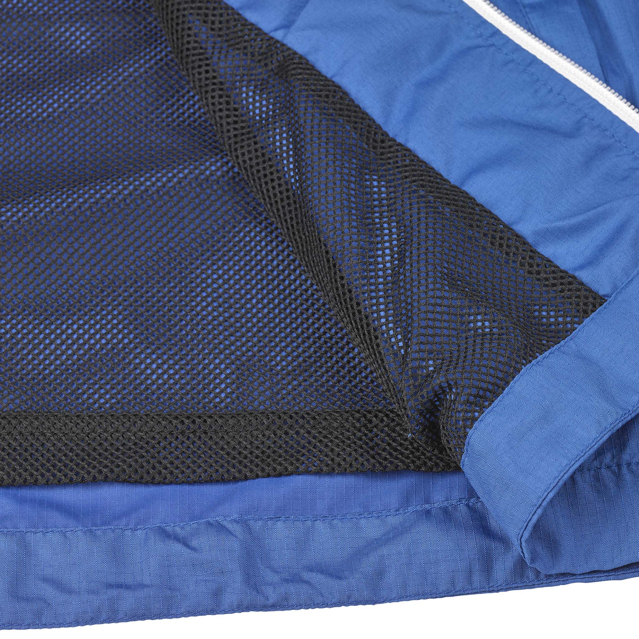 Closeup of blue Training jacket Spain v25, Match & Training wear, showing navy mesh lining and white zipper trim.