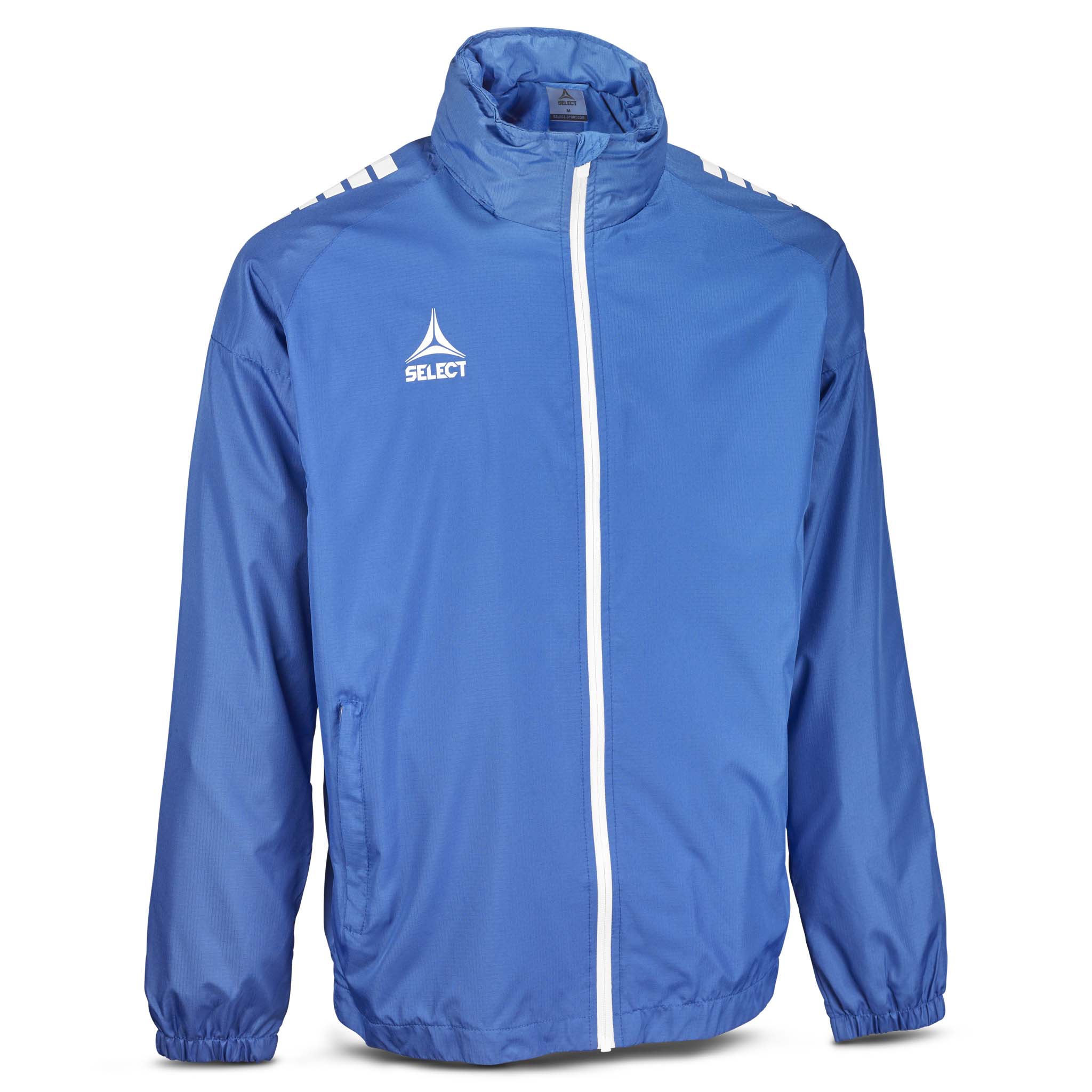 Front page of blue and white Training jacket Spain v25, Match & Training wear with white zip and logo.