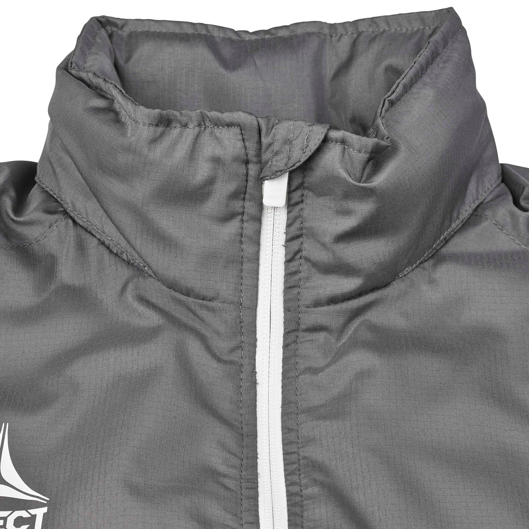 Closeup of grey Training jacket Spain v25, Match & Training wear, showing white zip and collar detail.