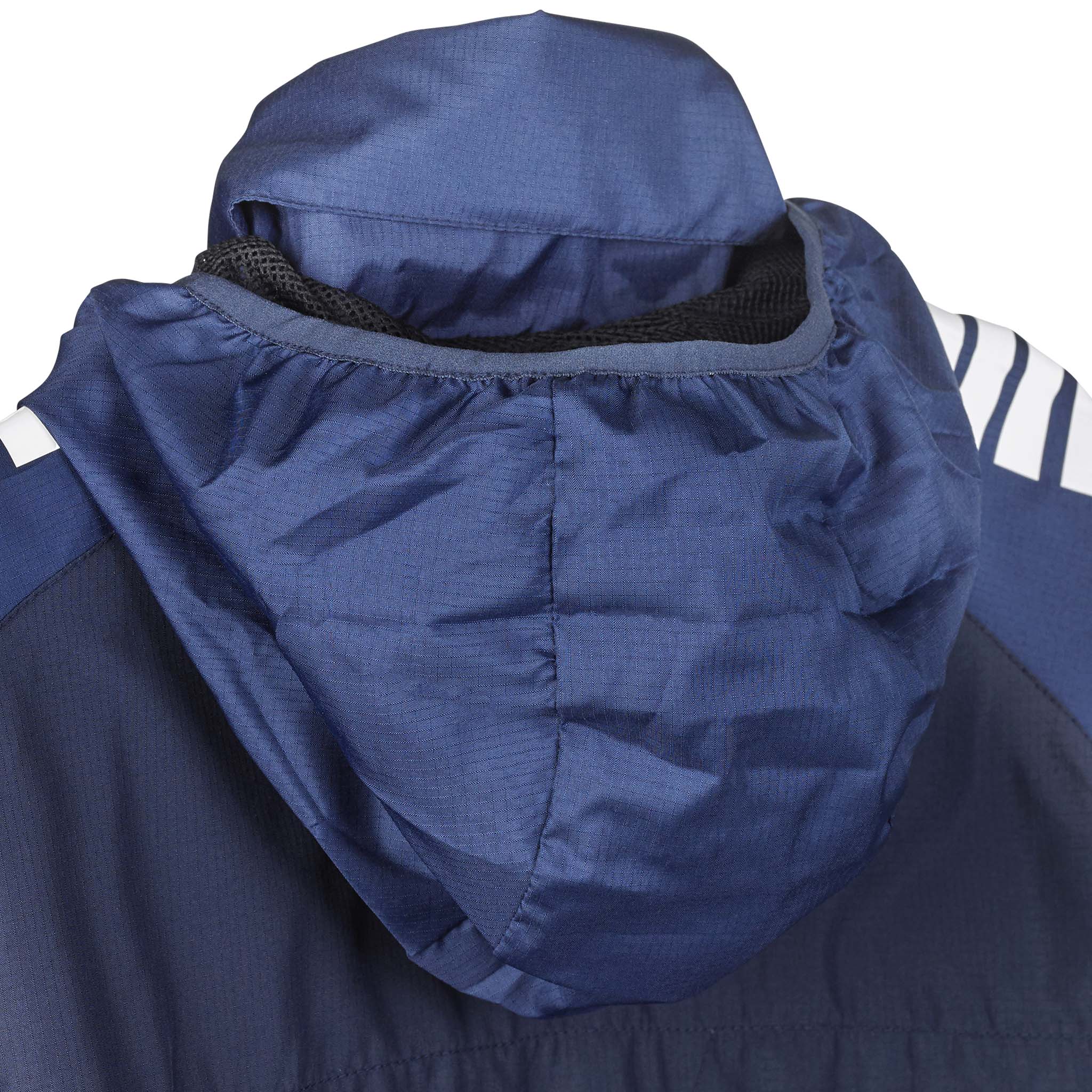 Closeup of navy hood with white stripes, Training jacket Spain v25, Match & Training football wear
