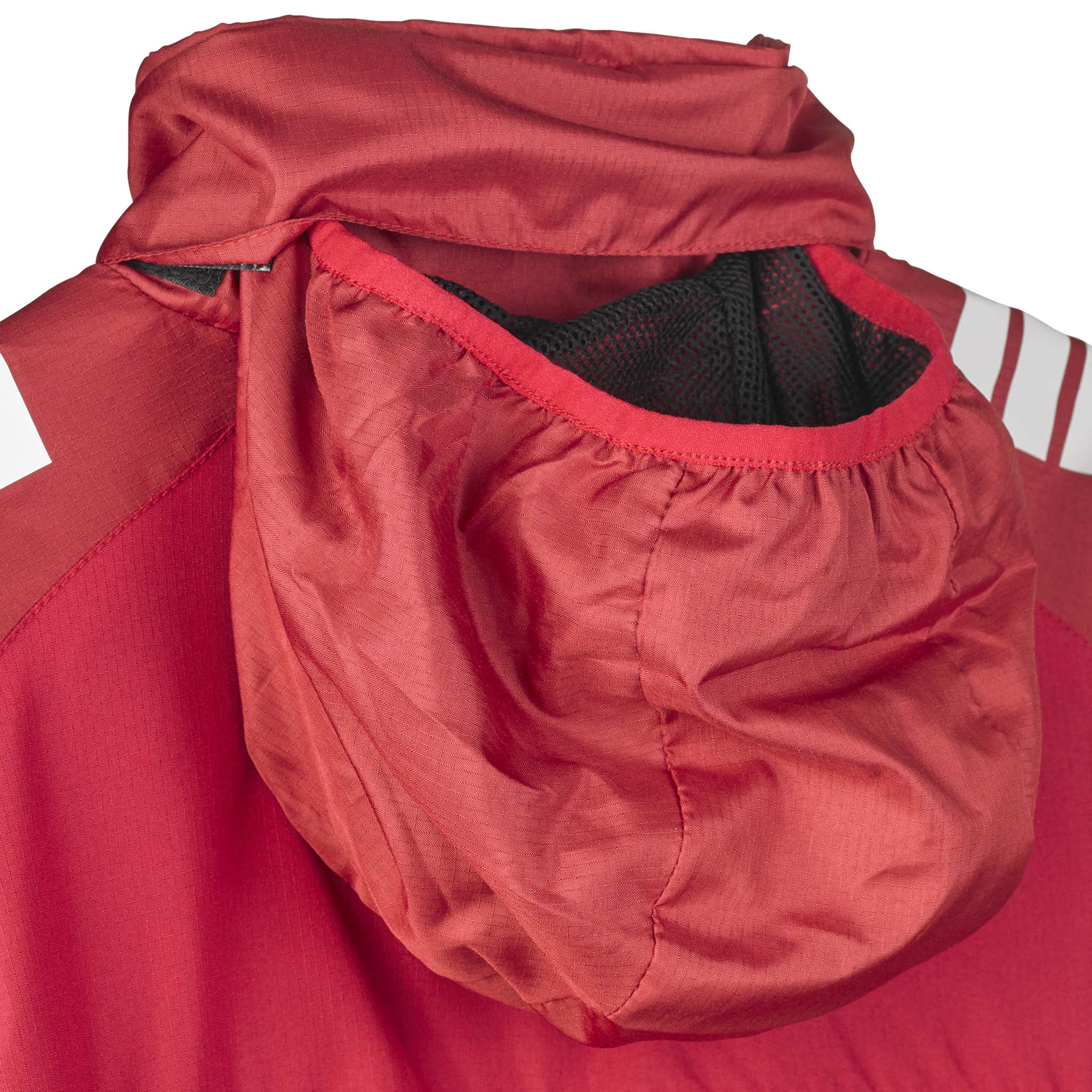 Closeup of red and white Training jacket Spain v25 hood, Match & Training wear