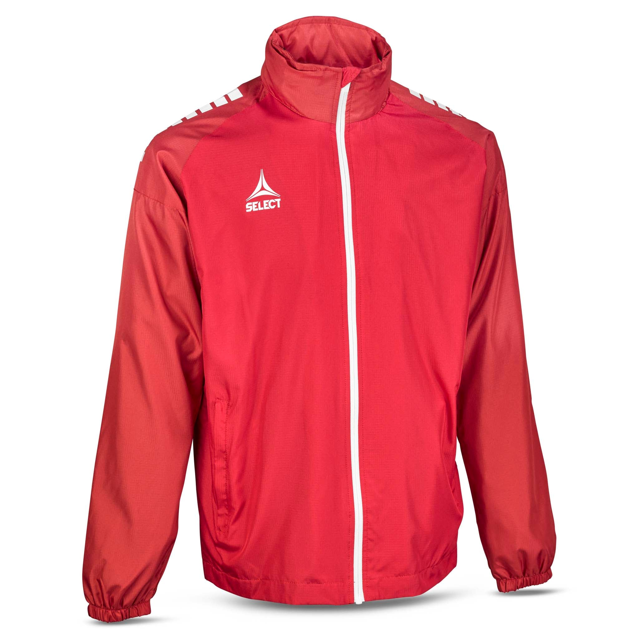 Front view of red Training jacket Spain v25 with white zip, Match & Training wear