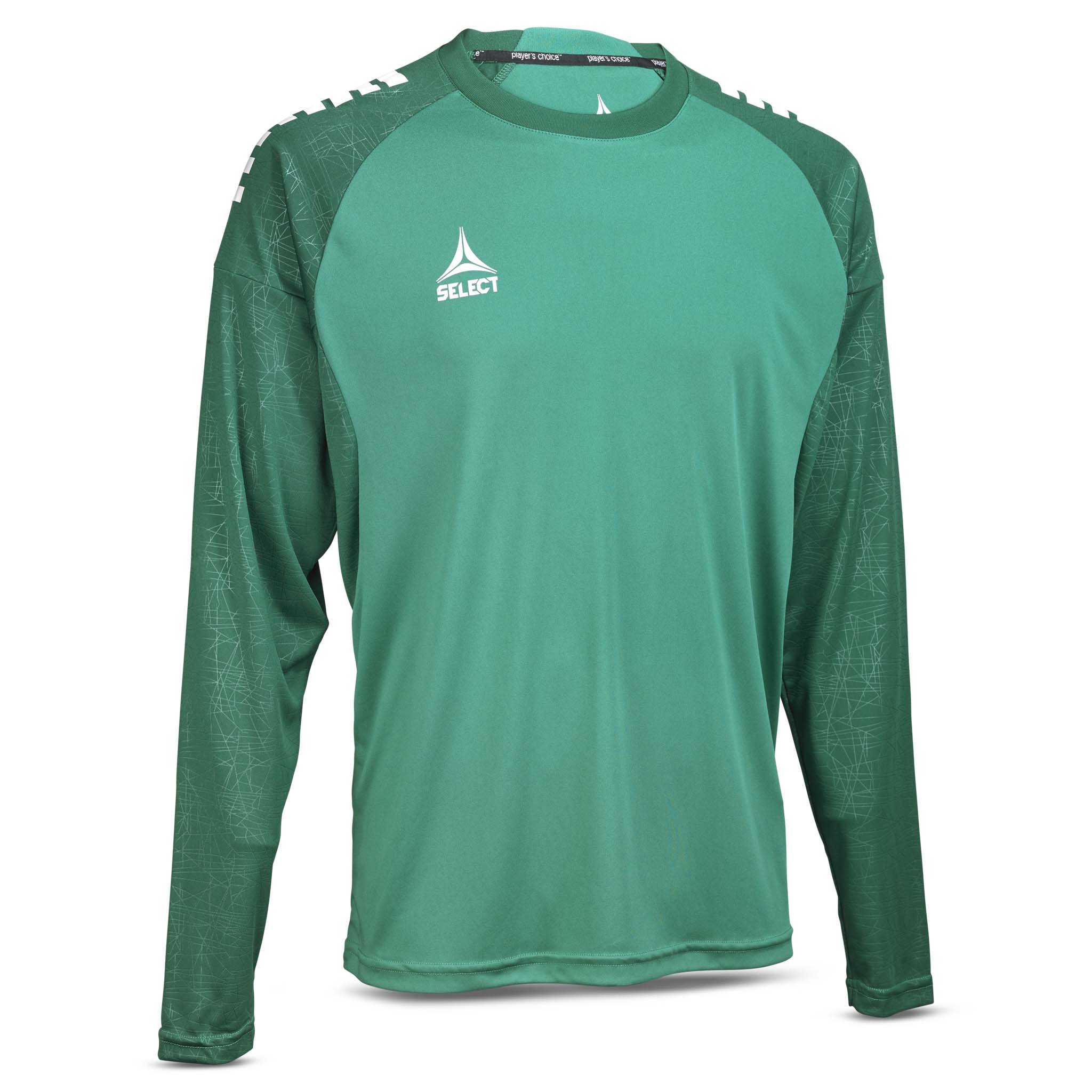 Front view of green and white Player shirt L/S Spain v25, football Match & Training wear.