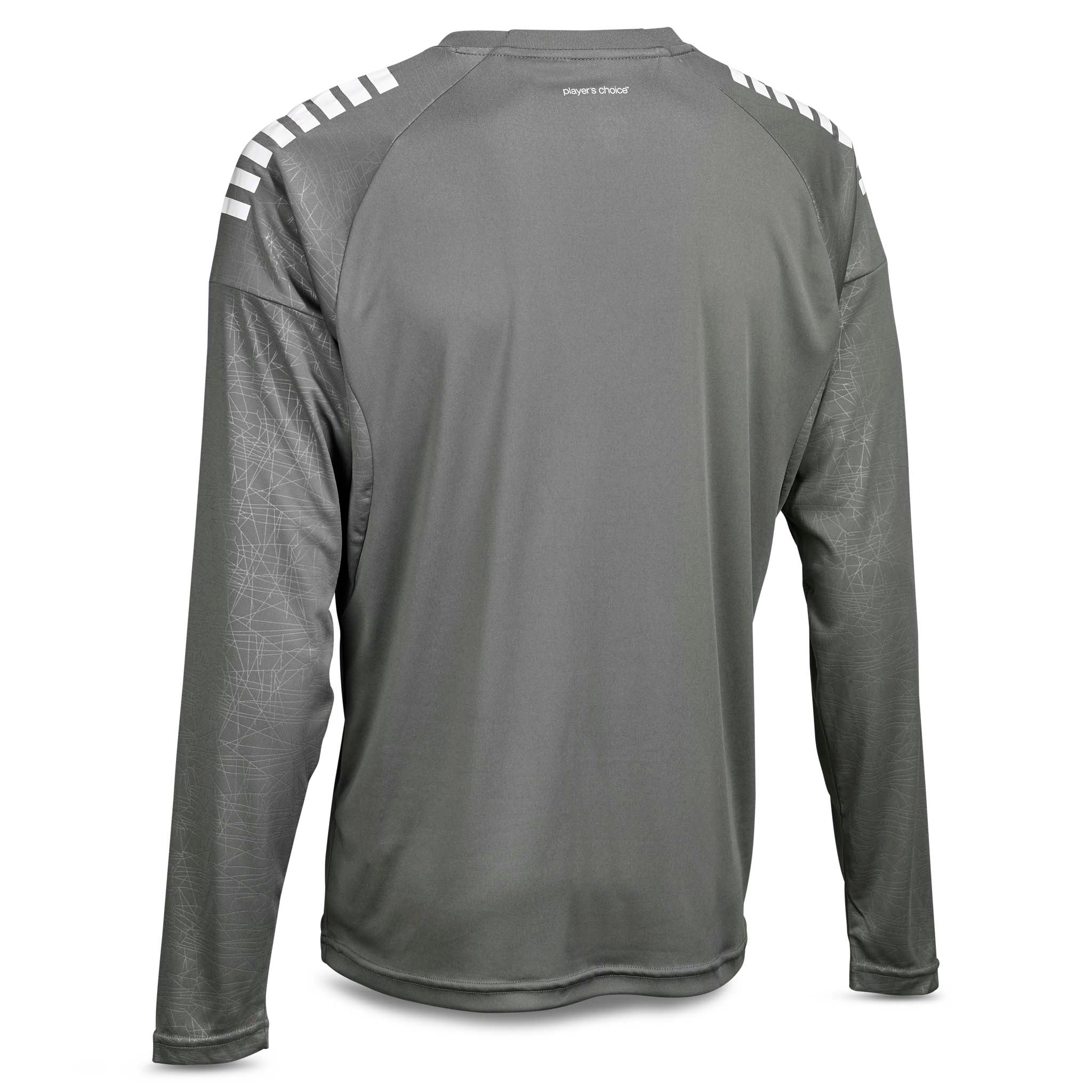 Back page of grey/white Player shirt L/S Spain v25, Match & Training wear, with white striped shoulders