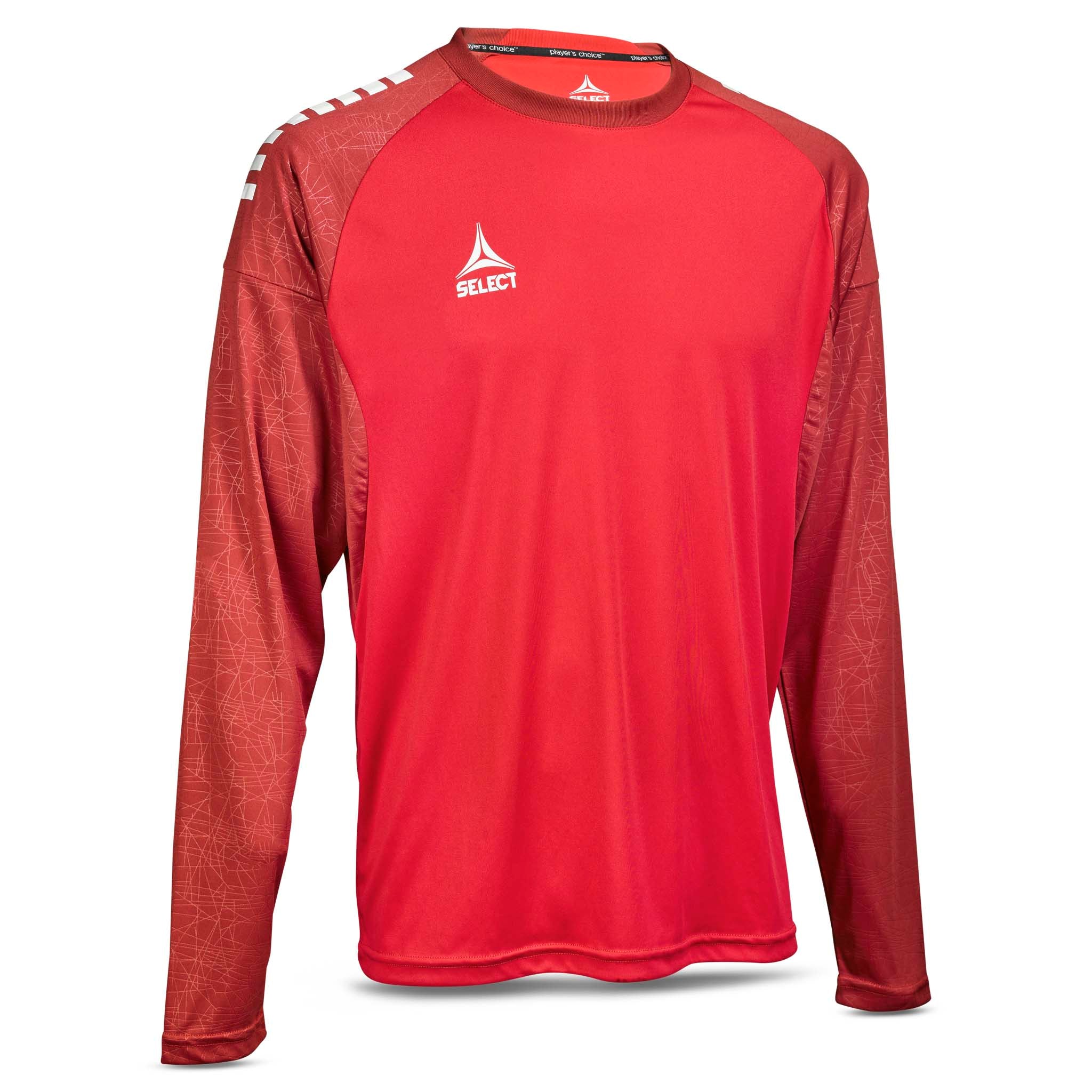 Front view of red Player shirt L/S Spain v25 football Match & Training wear with white logo.