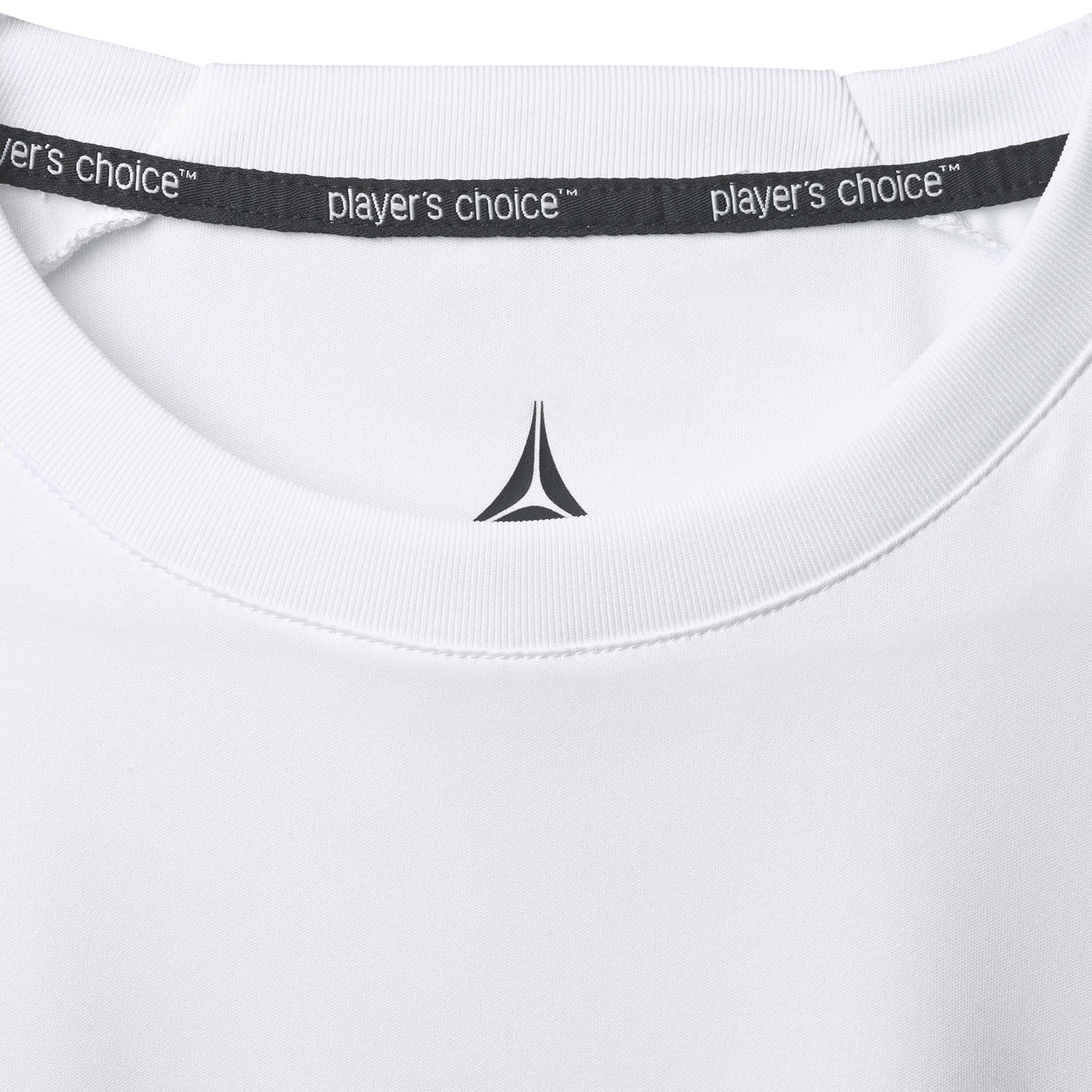 Closeup of white Player shirt L/S Spain v25, Match & Training wear, showing neckline with grey logo and player's choice tape.