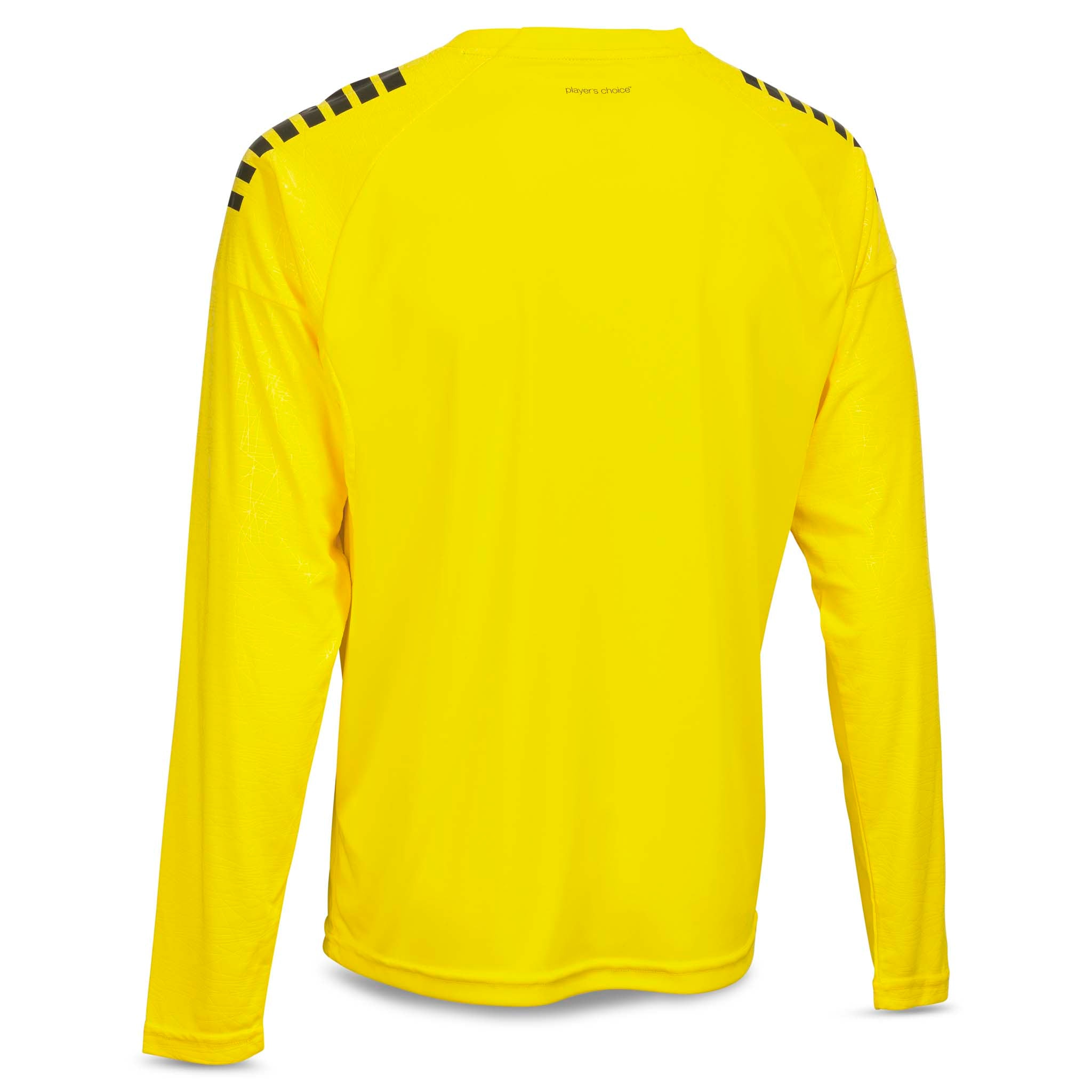 Back page of yellow Player shirt L/S Spain v25, football Match & Training wear with black shoulder details.