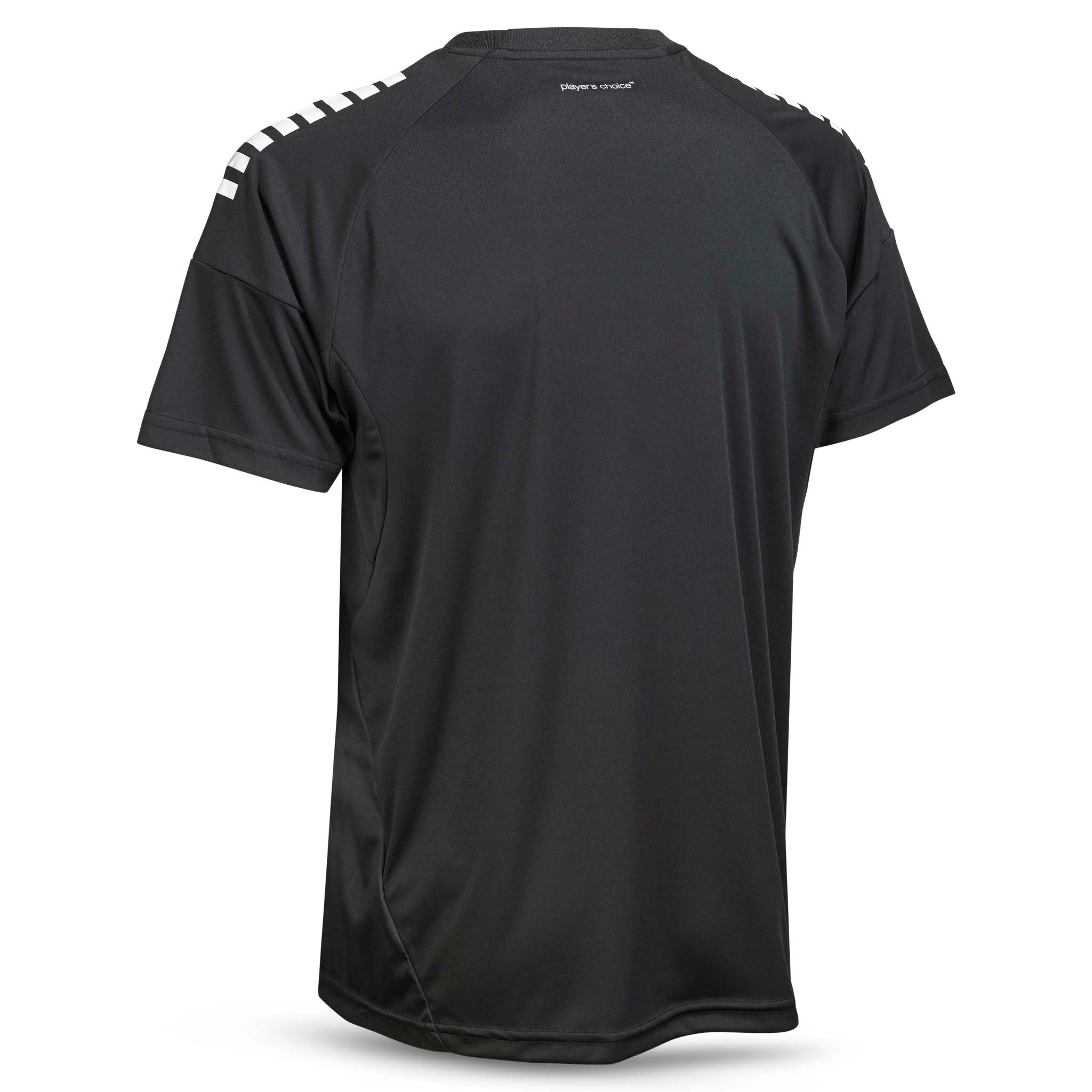 Black football Player shirt S/S Spain striped v25, white shoulder stripes, back page, Match & Training wear