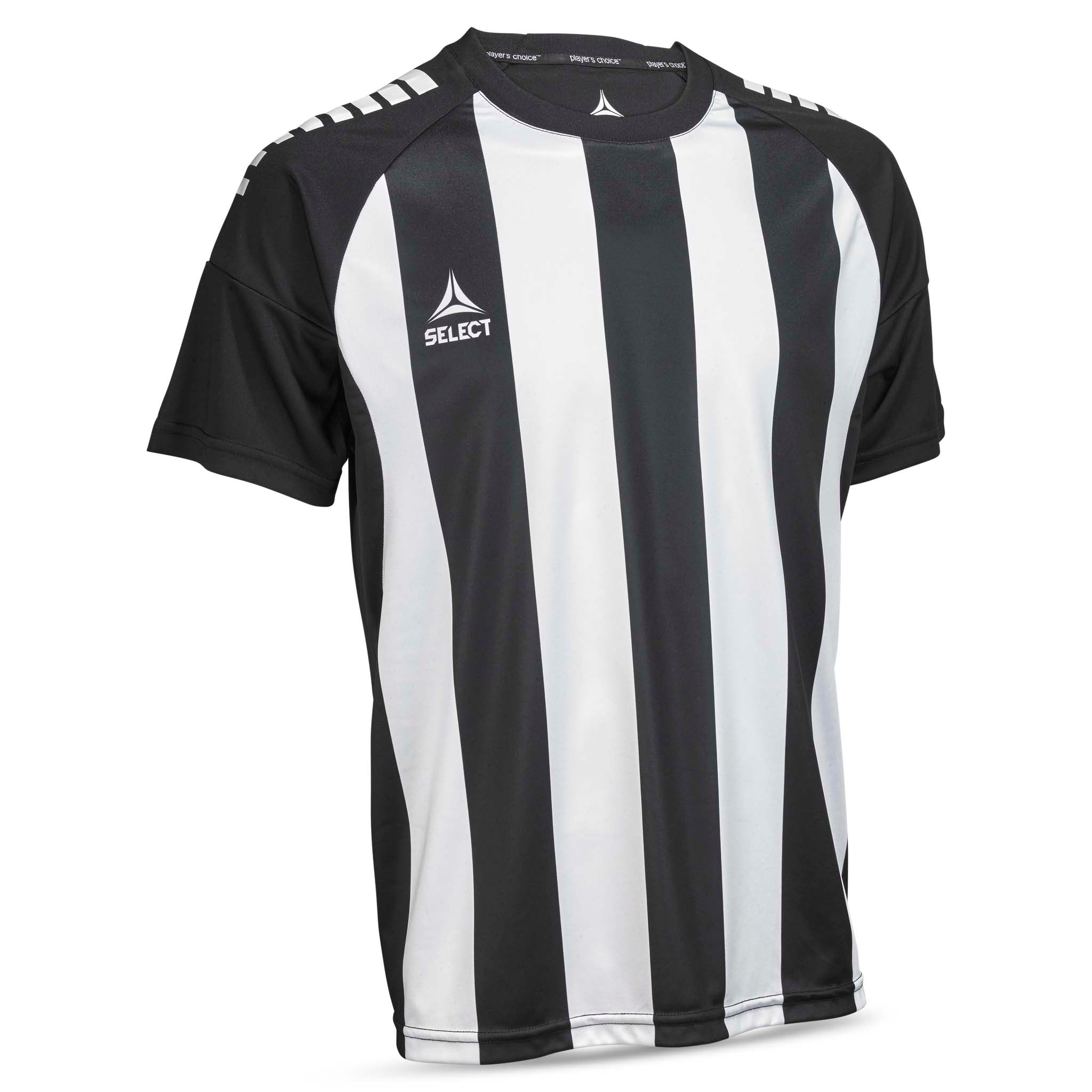Front view of Player shirt S/S Spain striped v25, black and white striped football Match & Training wear