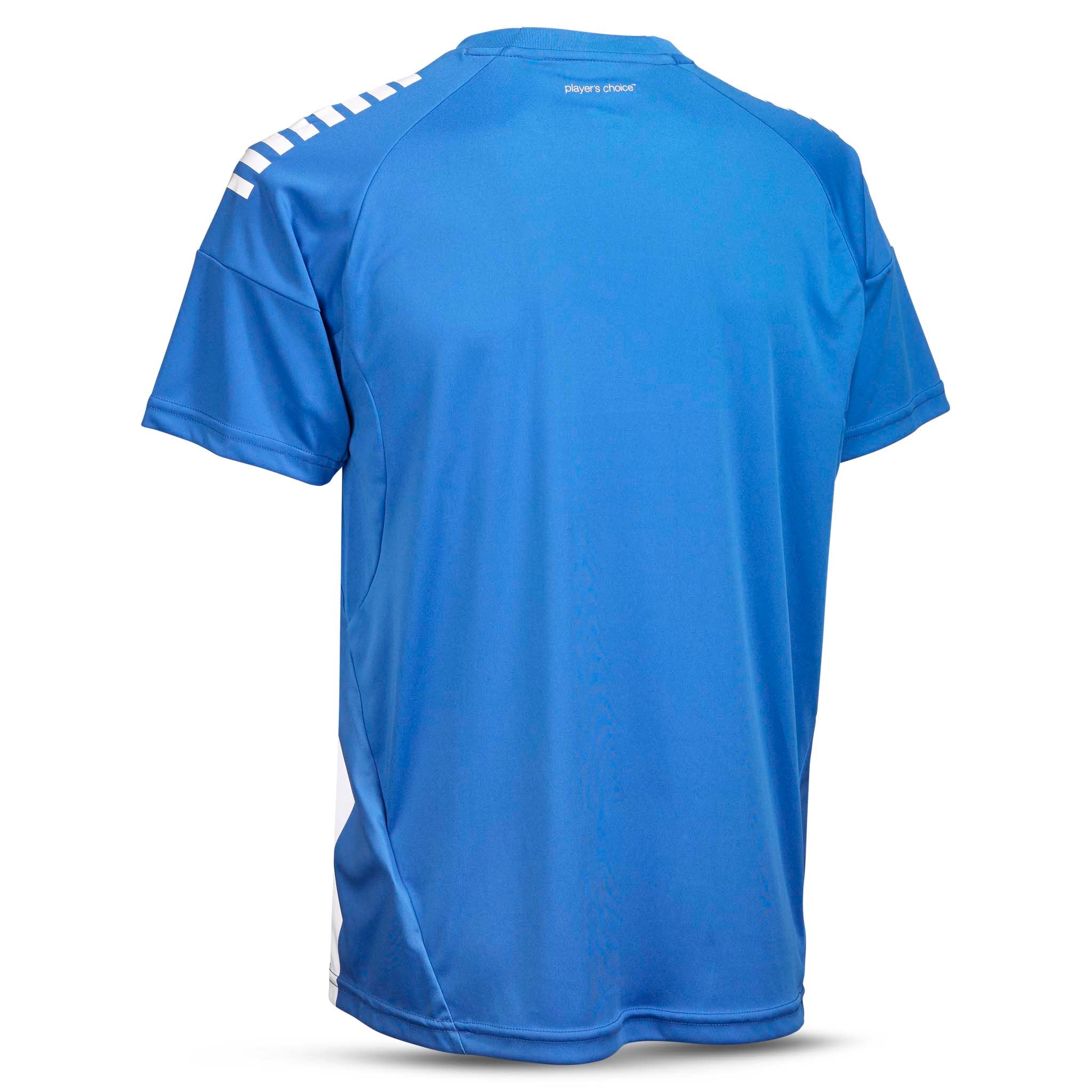 Back page of Player shirt S/S Spain striped v25, blue with white striped shoulders. Match & Training wear football.