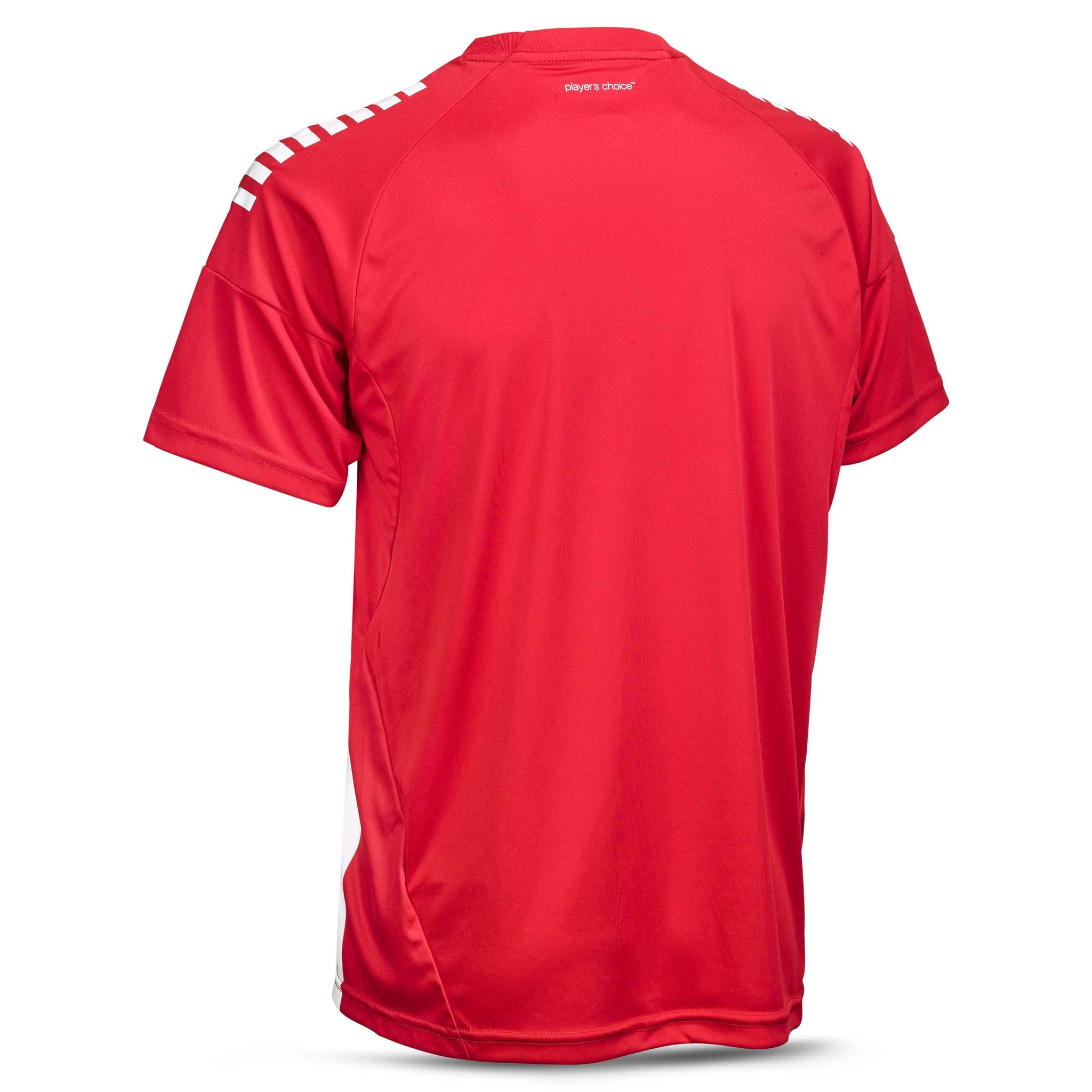 Back page of red Player shirt S/S Spain striped v25 with white shoulder stripes, football Match & Training wear.