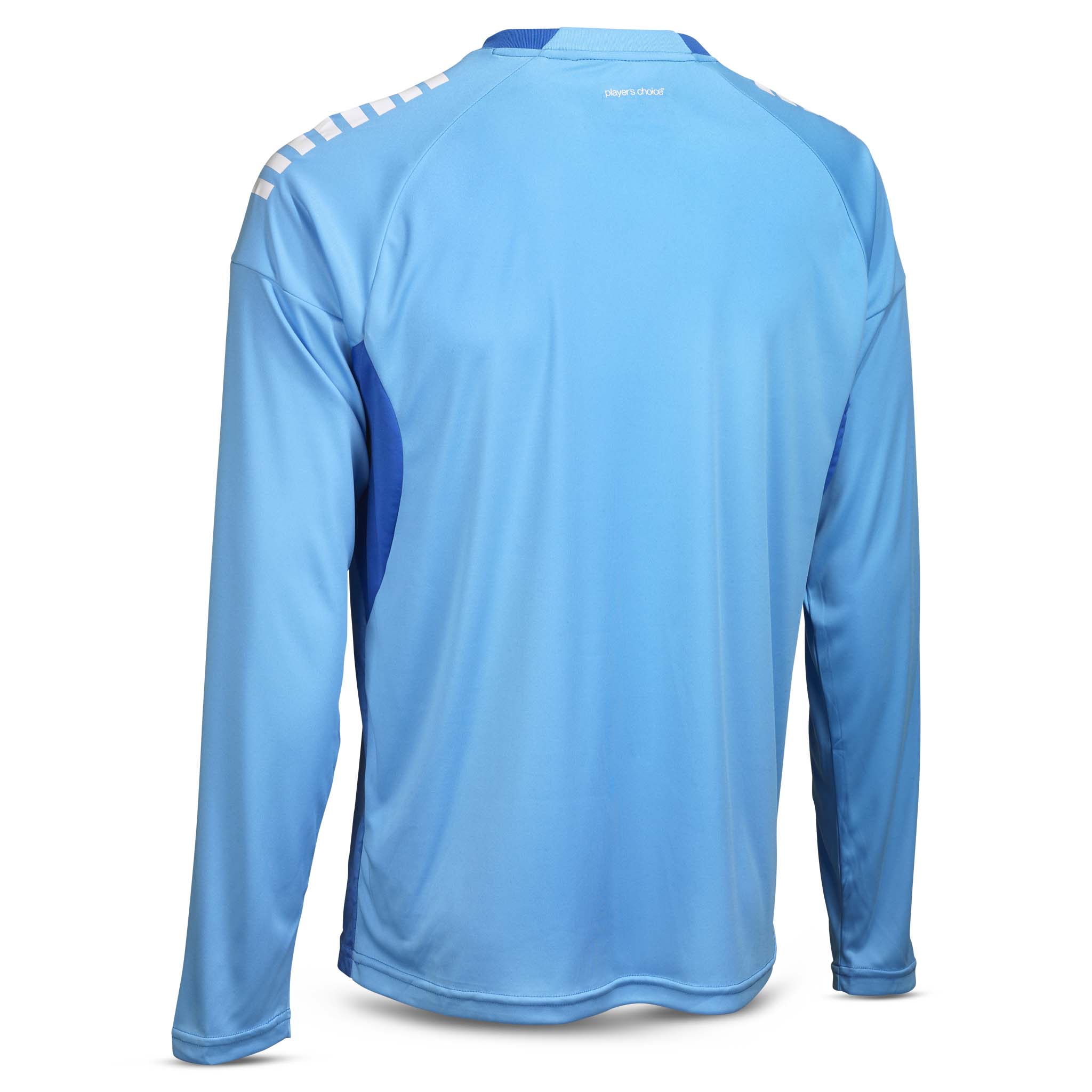 Back page of blue Goalkeeper shirt Spain v25 with white shoulder detail. Goalkeeper wear football.