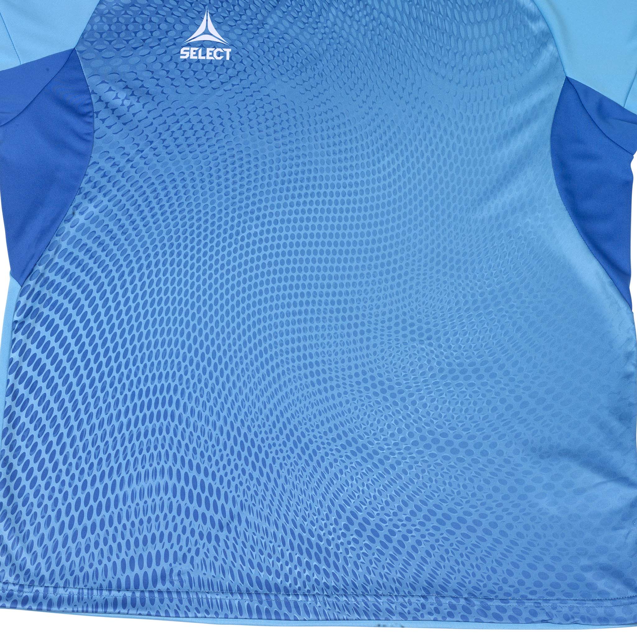 Closeup of Goalkeeper shirt Spain v25, goalkeeper wear, blue football jersey with textured pattern and white Select logo.