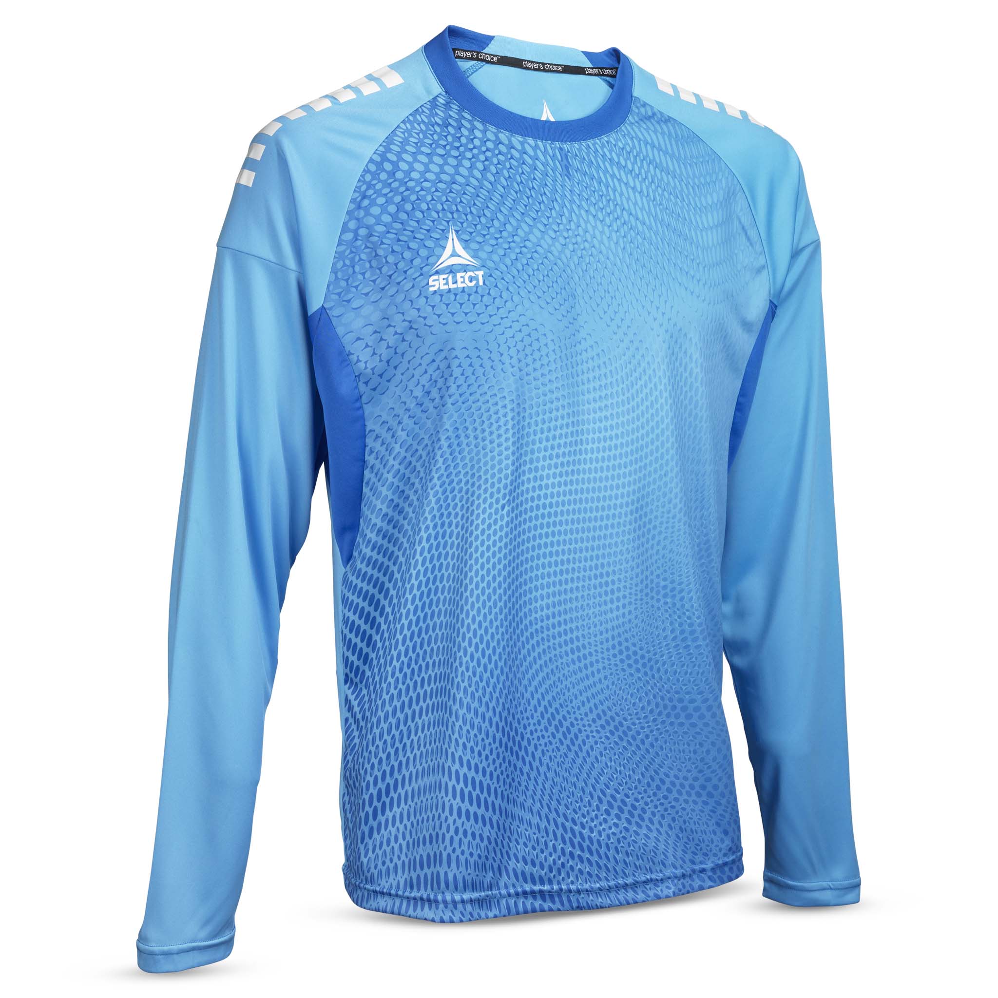 Front view of blue Goalkeeper shirt Spain v25, Goalkeeper wear, with white shoulder details for football