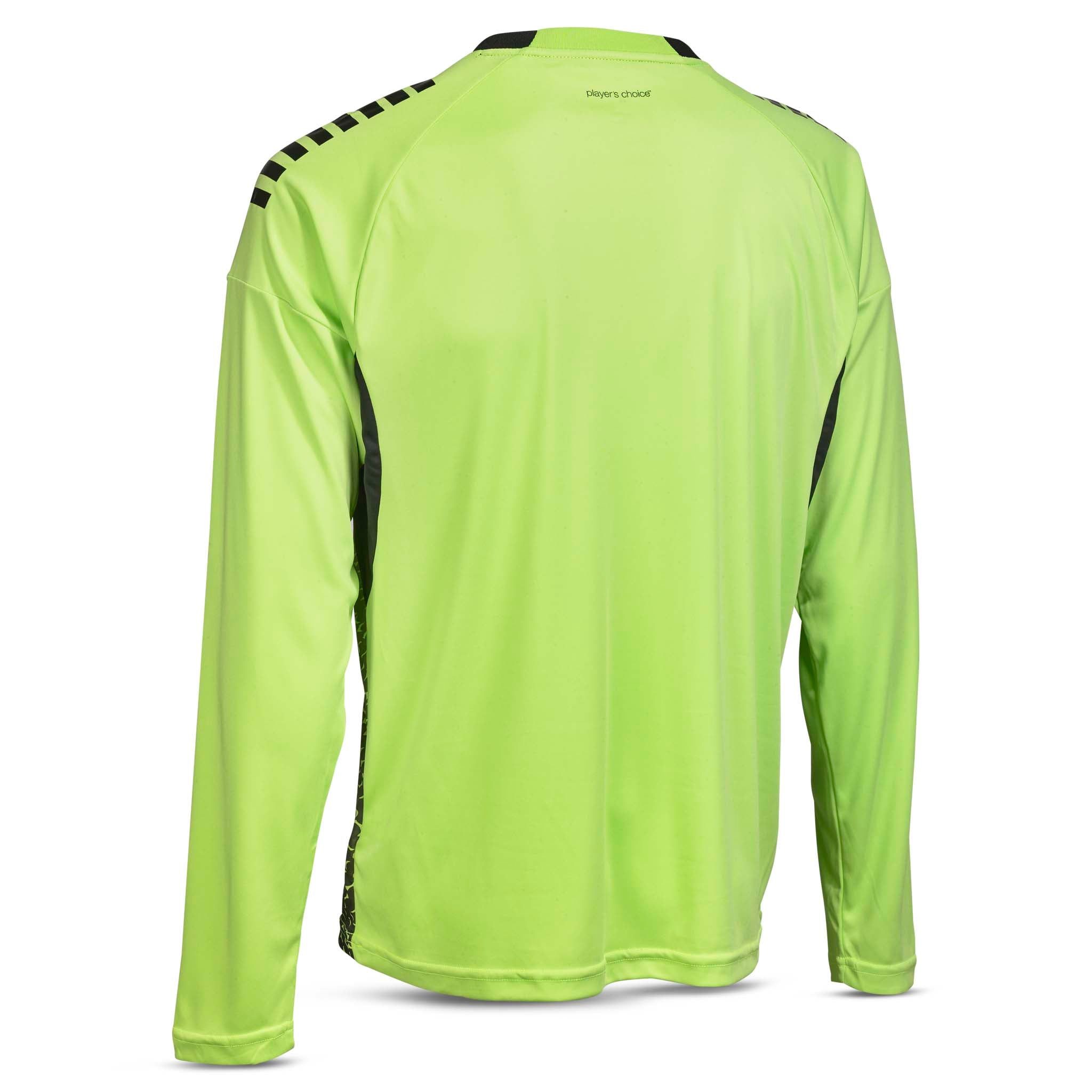 Back page of lime green and black Goalkeeper shirt Spain v25, goalkeeper wear with long sleeves and football design.