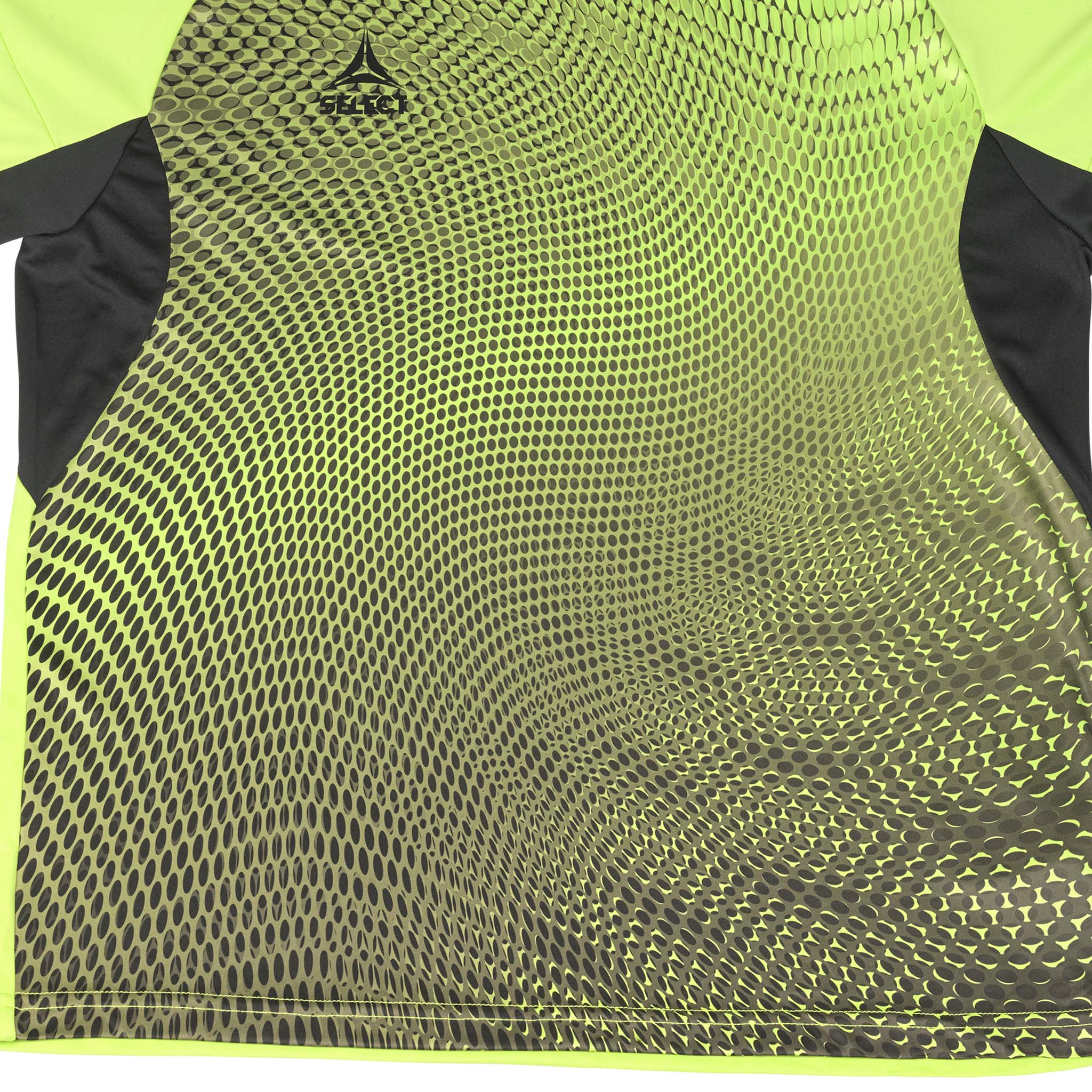 Closeup of Goalkeeper shirt Spain v25, goalkeeper wear, in lime green and black with wave dot pattern.