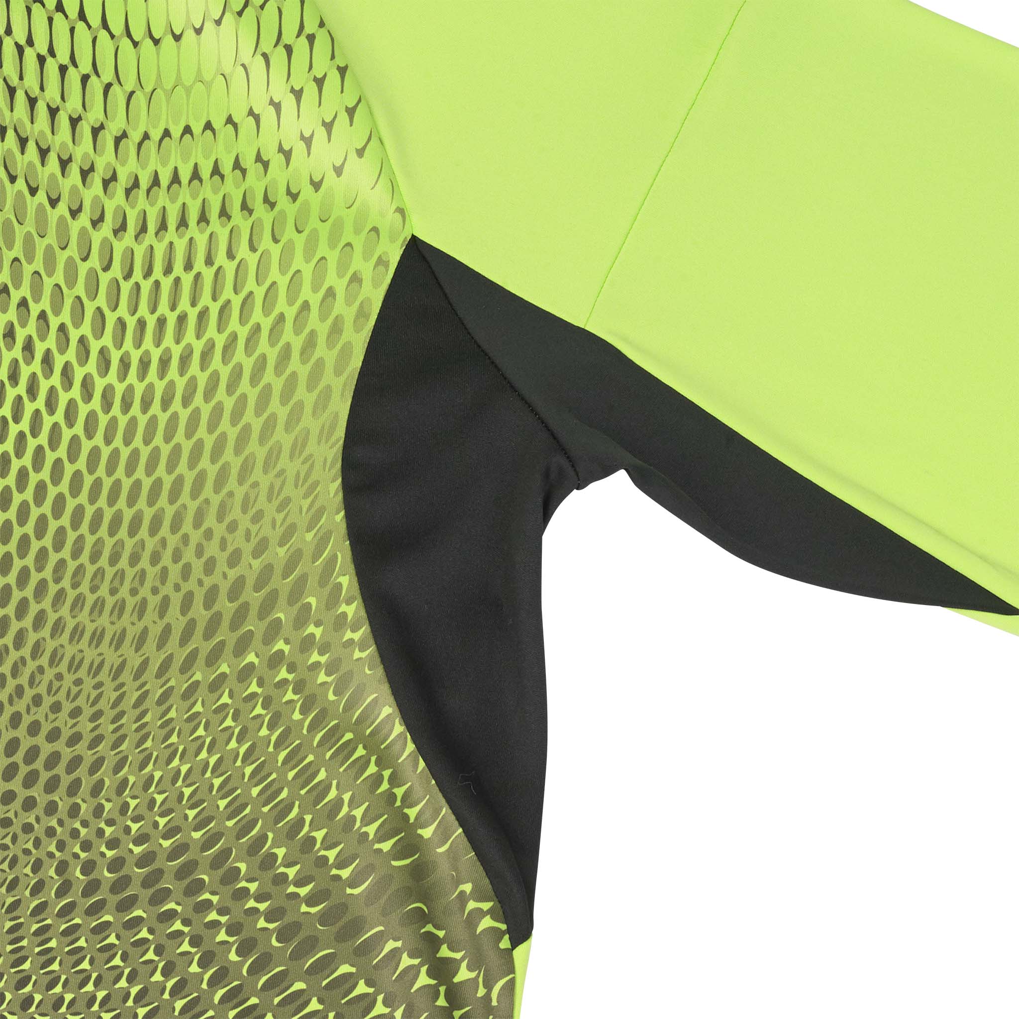 Closeup of Goalkeeper shirt Spain v25, goalkeeper wear, in lime green with black side panel and honeycomb pattern
