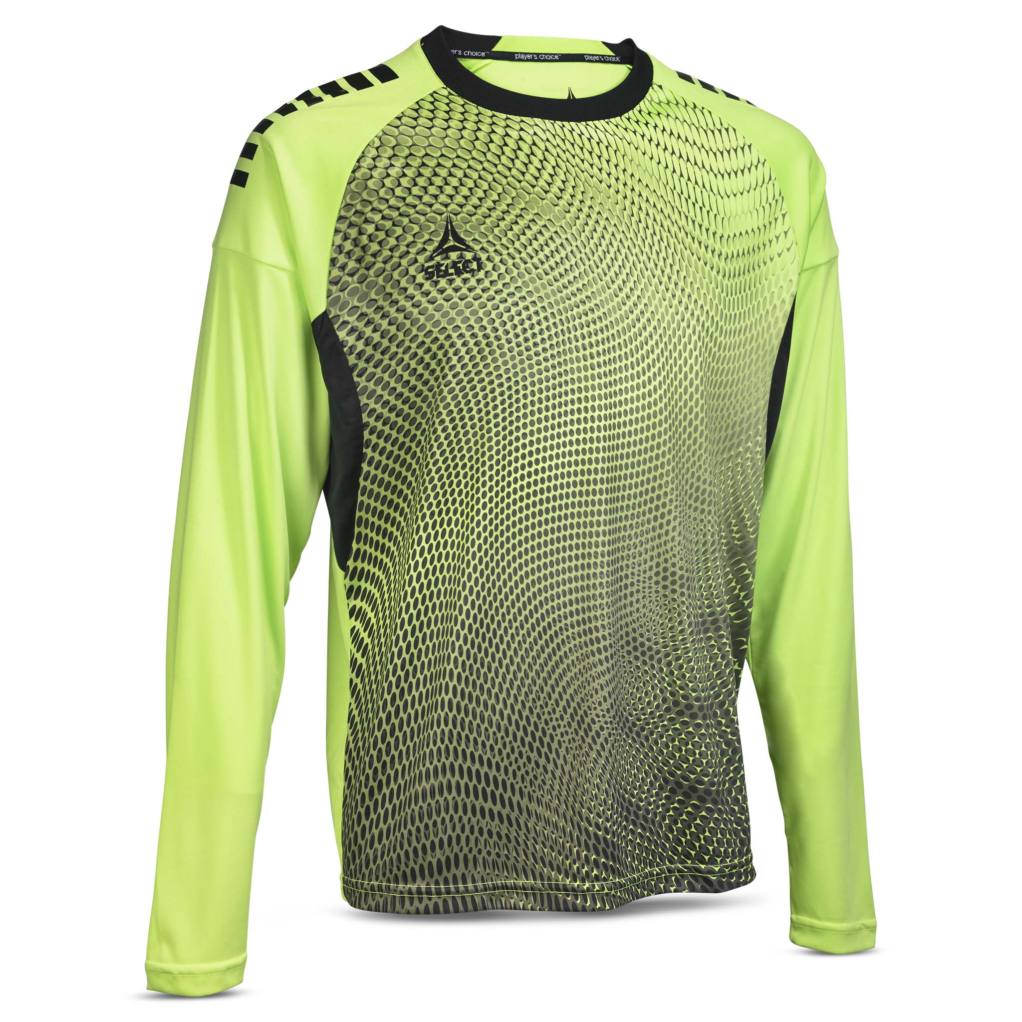 Front view of lime green and black Goalkeeper shirt Spain v25, football goalkeeper wear with long sleeves.